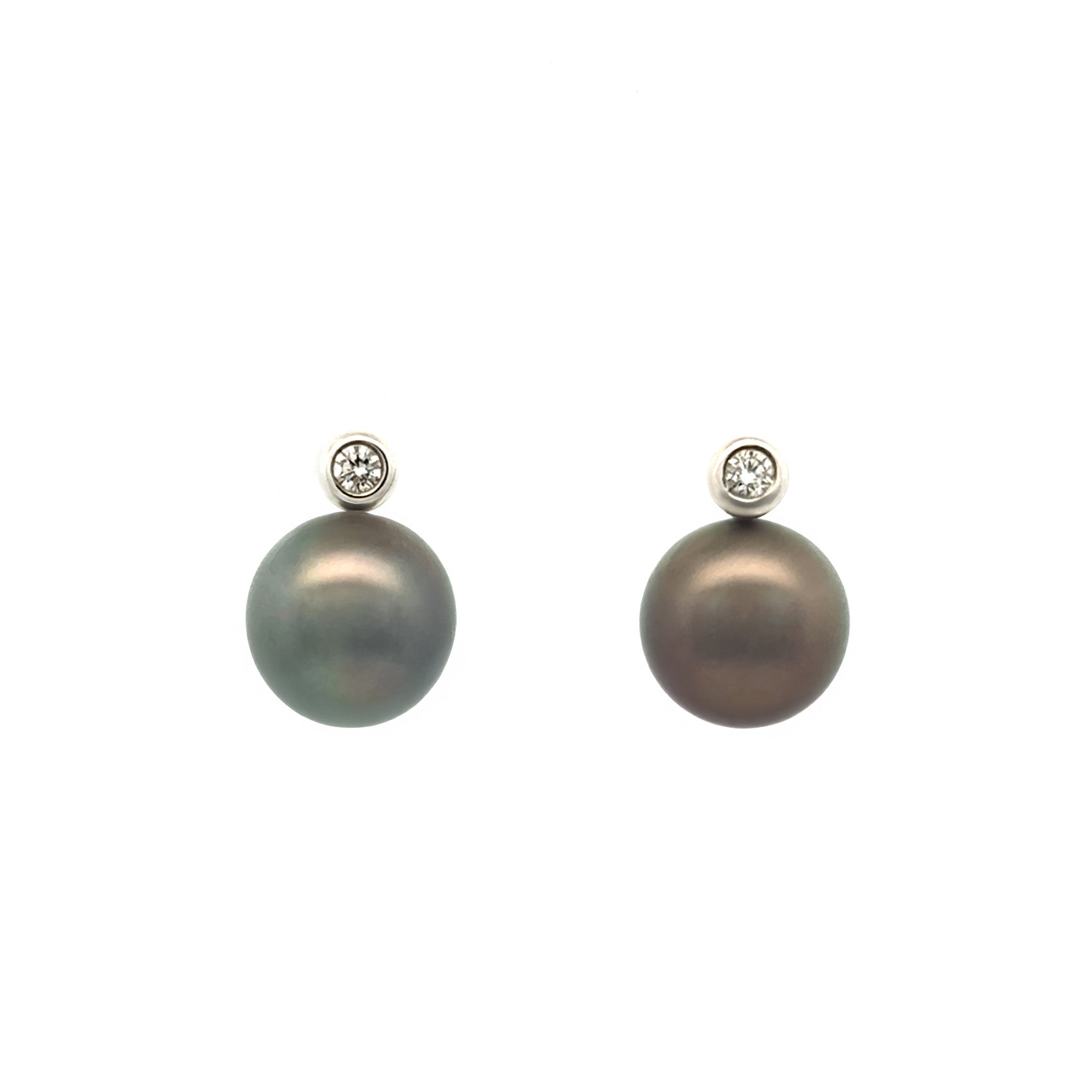 9K White Gold Tahitian 9-10 mm Cultured Pearl and Diamond Stud Earrings front view on white background