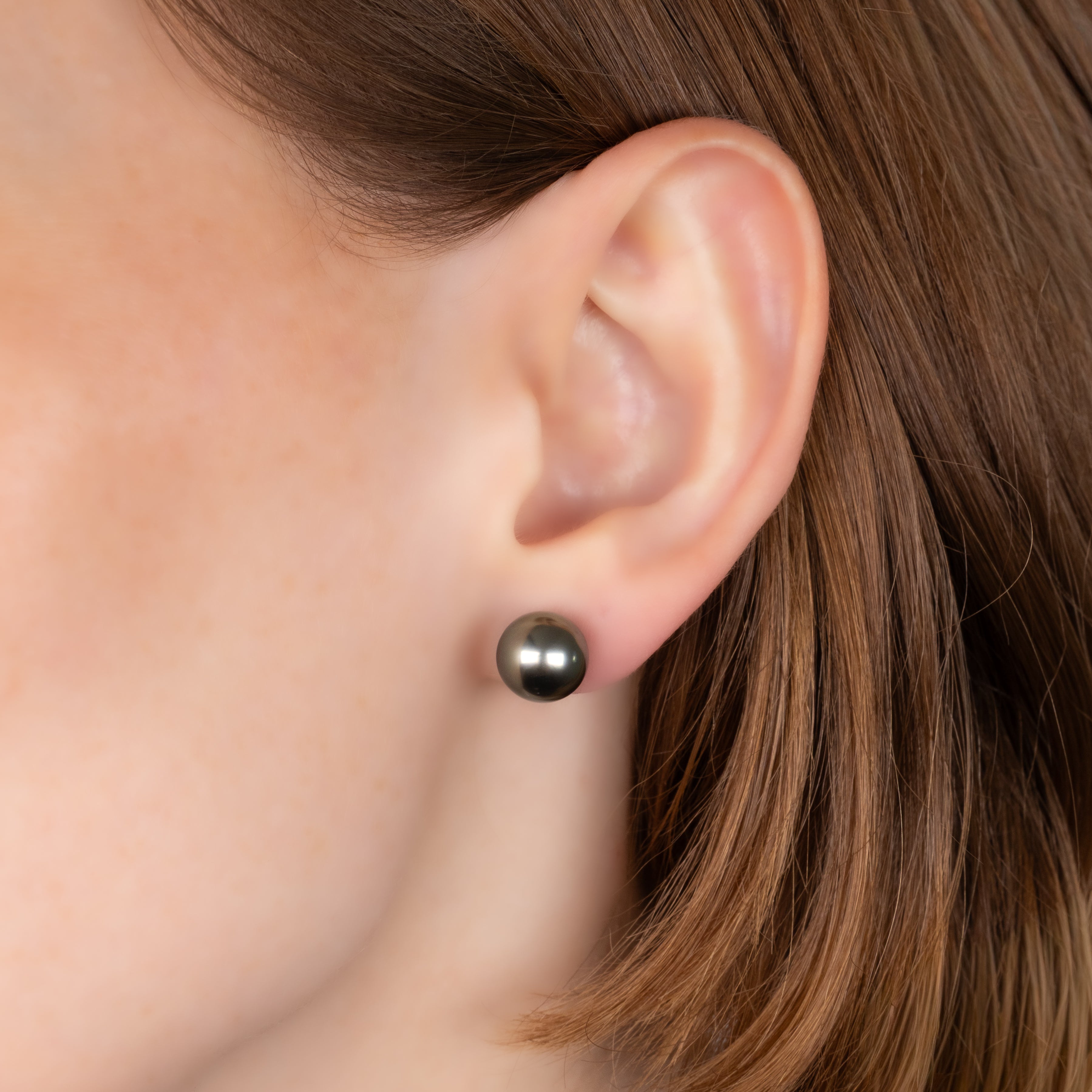 9K White Gold Tahitian 9-10 mm Cultured Pearl Stud Earrings on a model