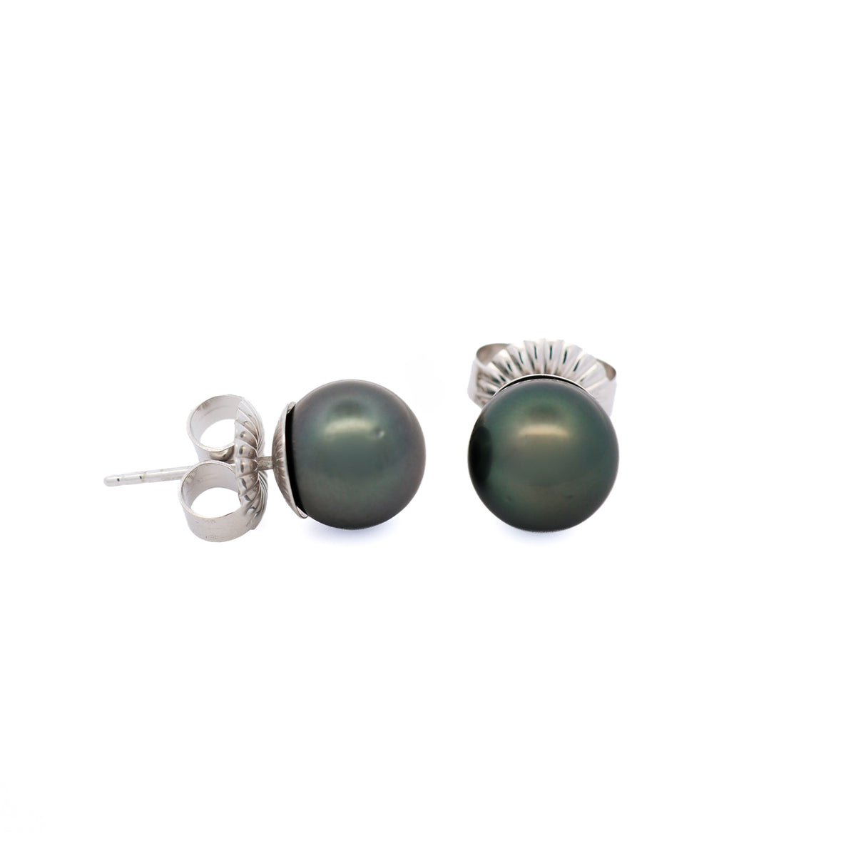 9K White Gold Tahitian 10-11 mm Cultured Pearl Stud Earrings side view
