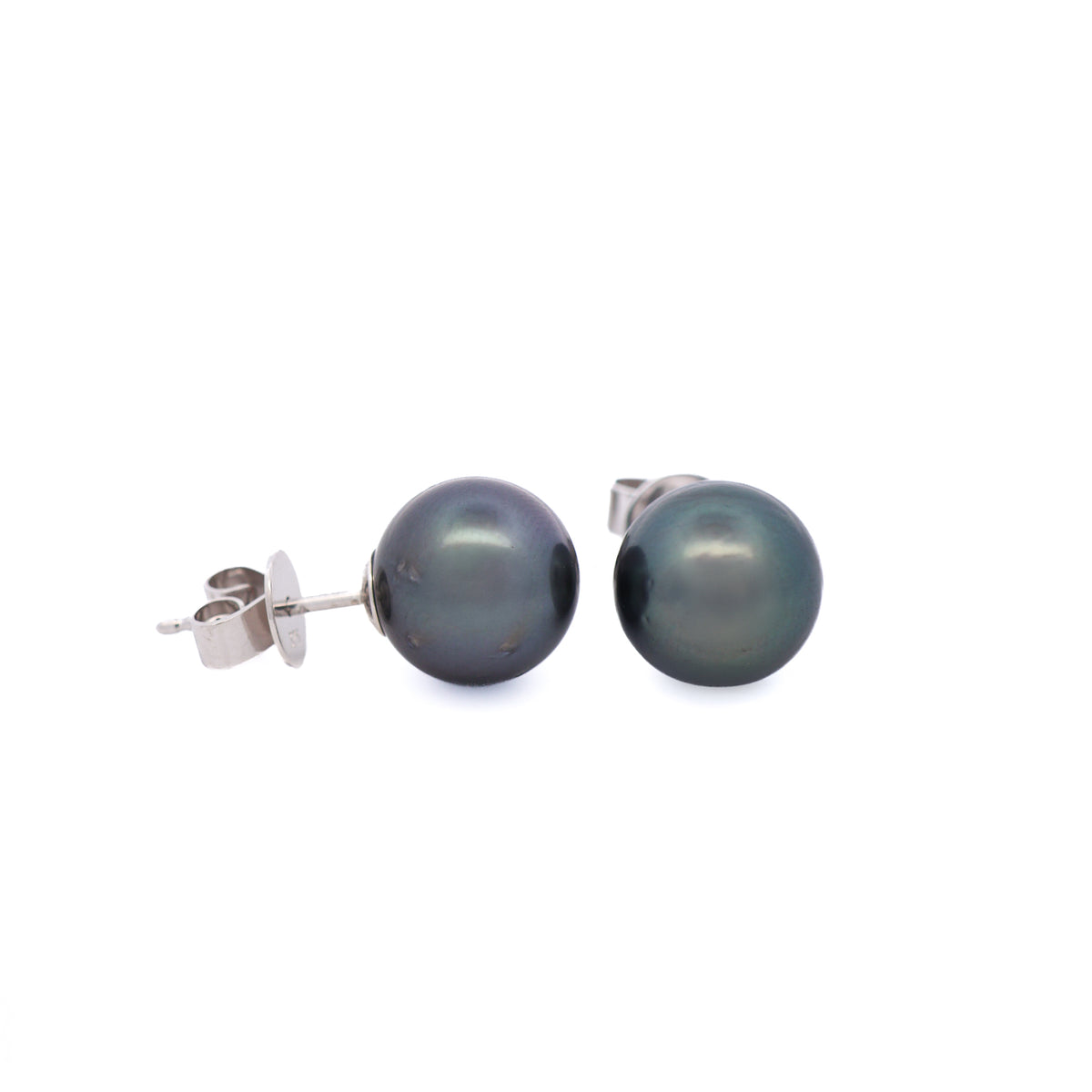 9K White Gold Tahitian 9-10mm Cultured Pearl Stud Earrings side view