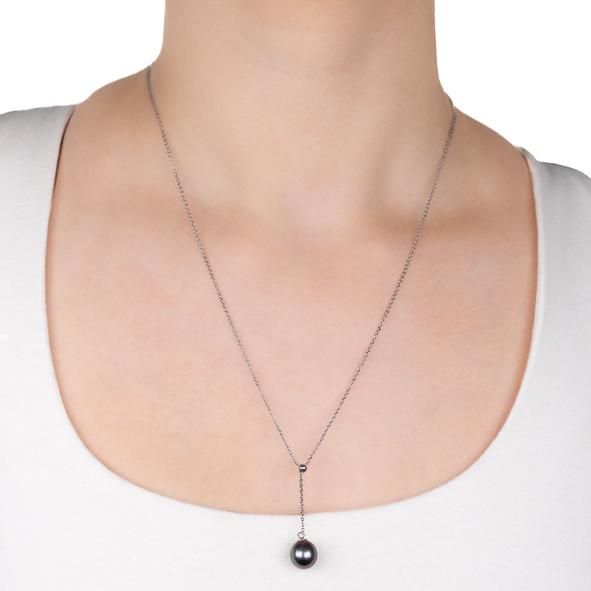 Sterling Silver Tahitian 9-10mm Cultured Pearl Adjustable Slider Necklace