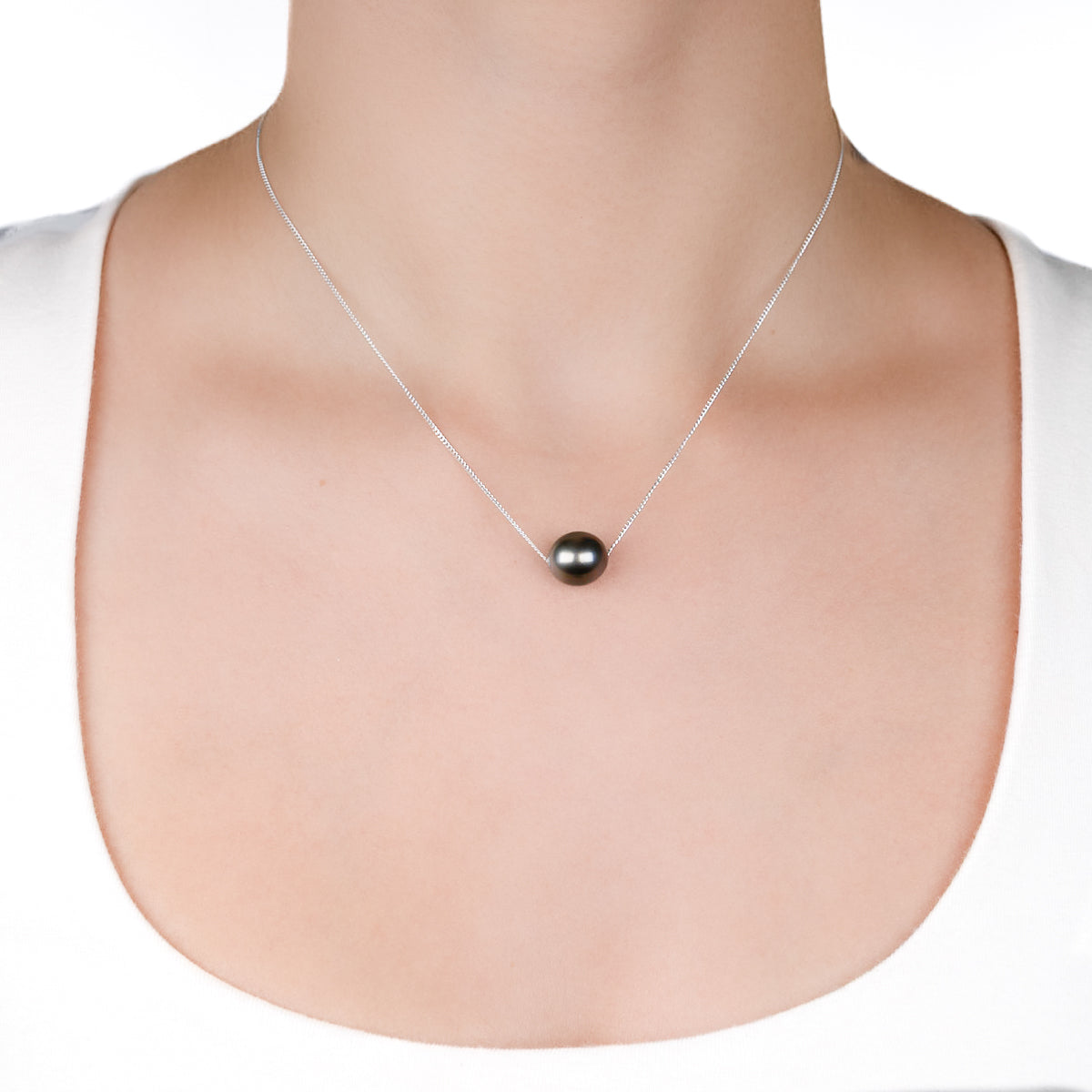 Sterling Silver Tahitian 10-11 mm Cultured Pearl Necklace on a model