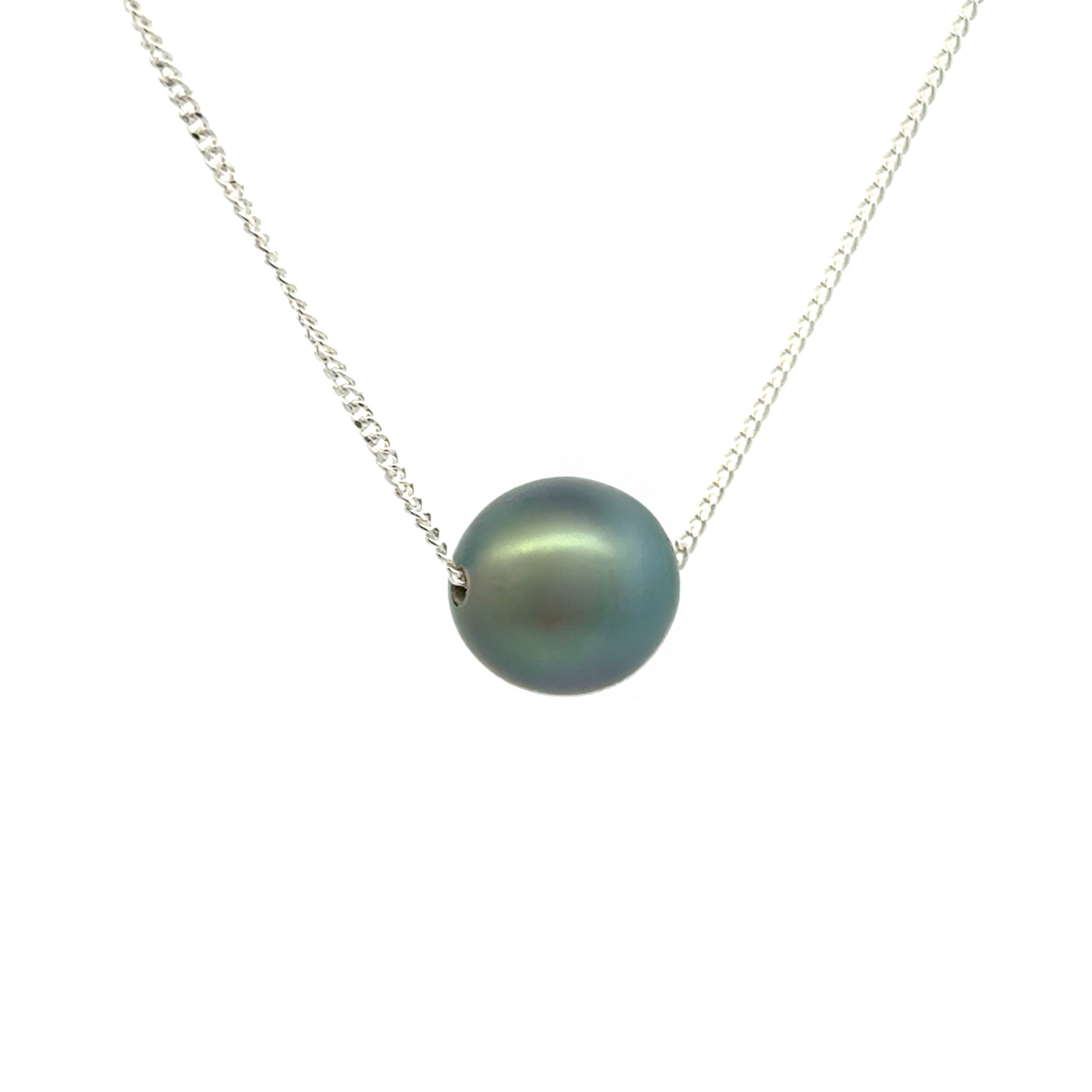 Sterling Silver Tahitian 10-11 mm Cultured Pearl Necklace side view with a white background