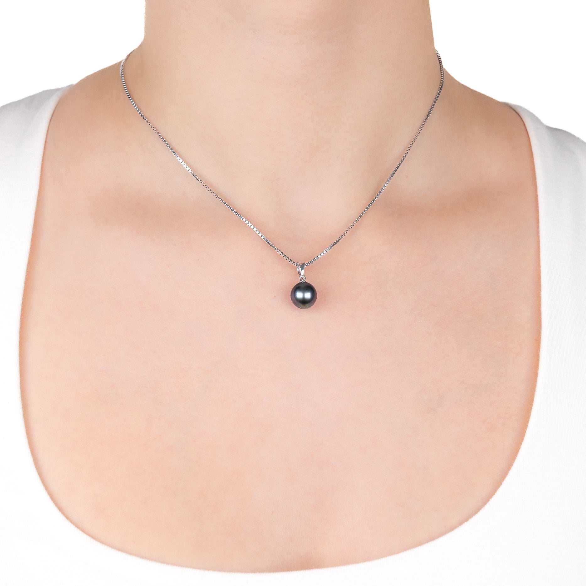 Sterling Silver Tahitian 9-10mm Cultured Pearl Pendant on a model