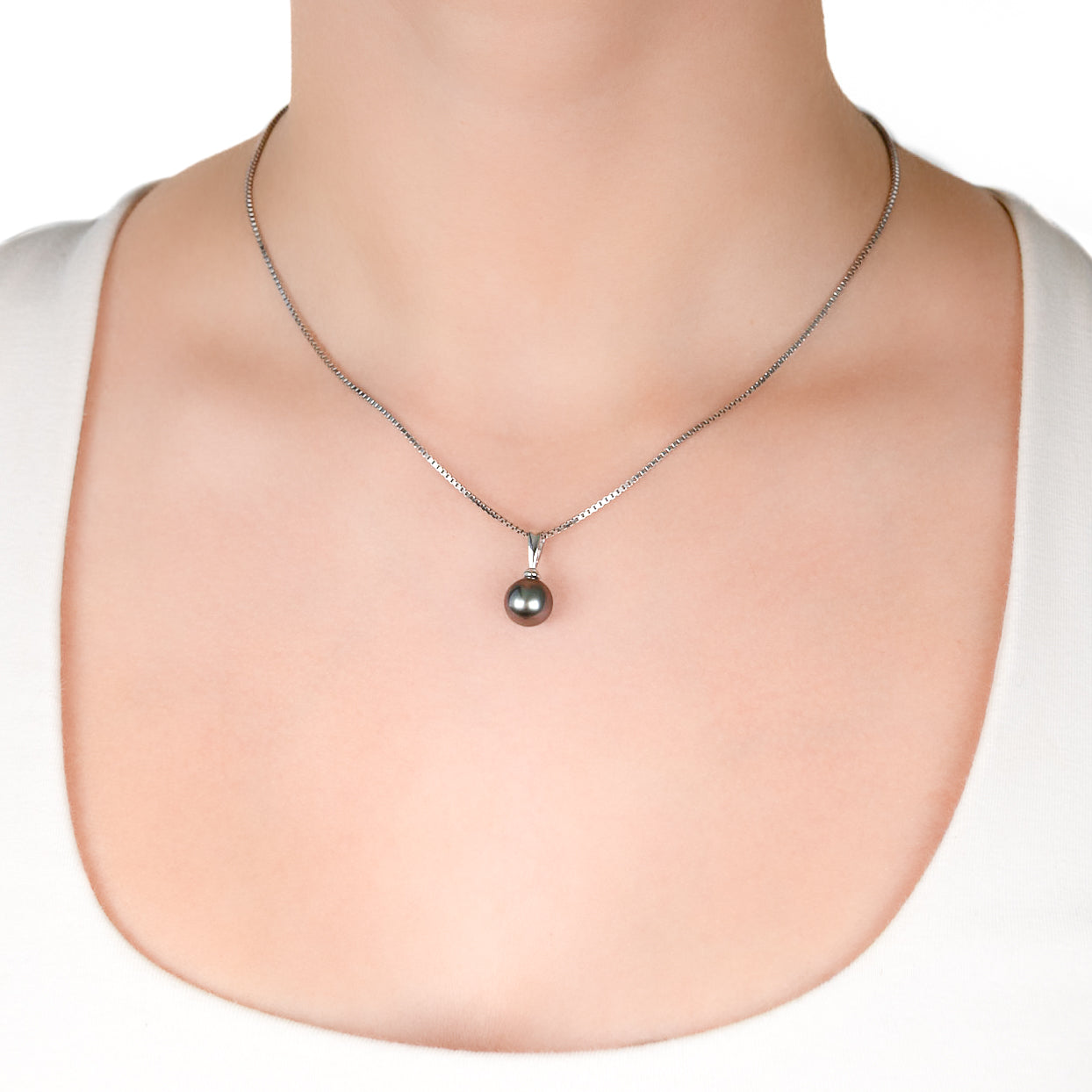Sterling Silver Tahitian 9-10mm Cultured Pearl Pendant on a model