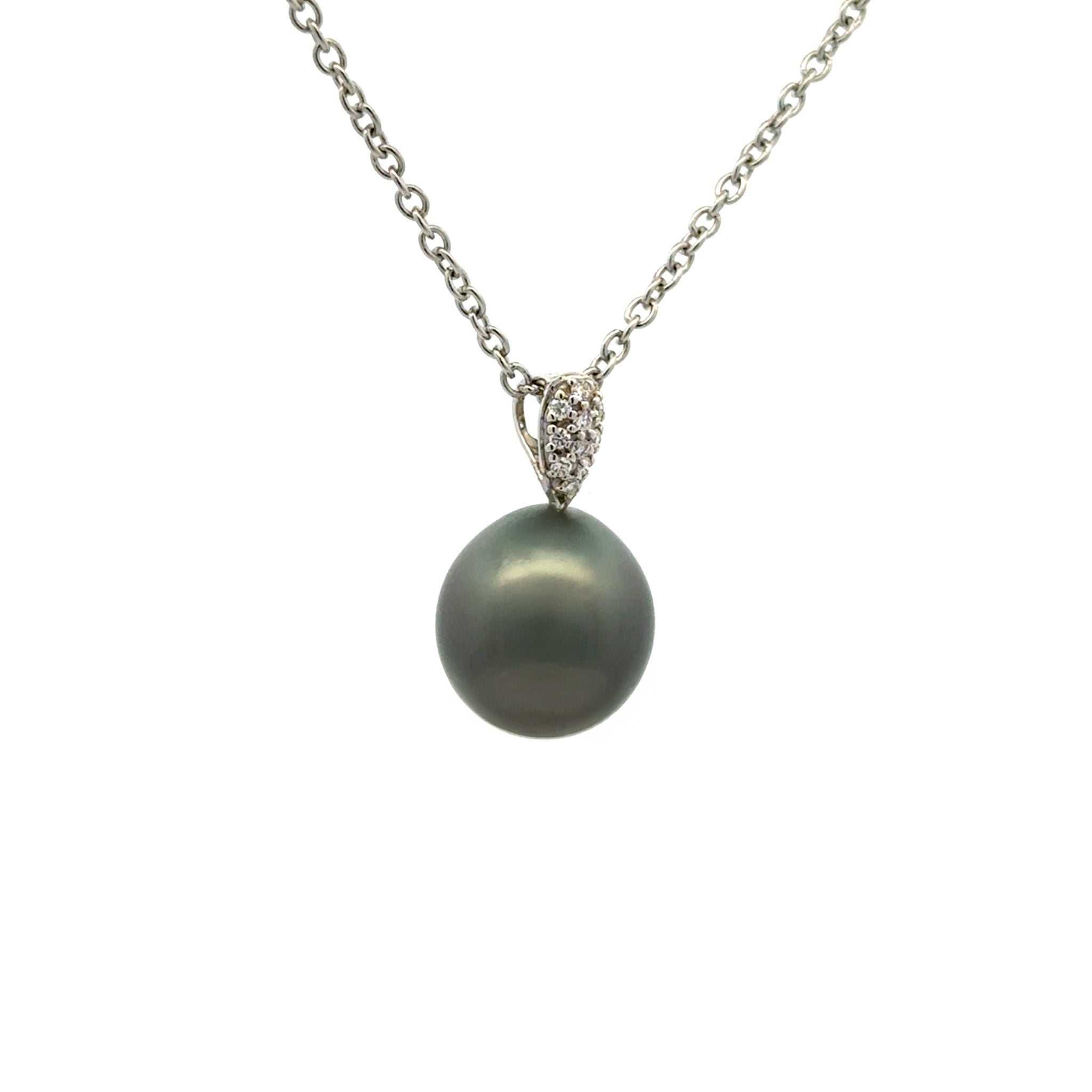 18K White Gold Tahitian 11-12 mm Cultured Pearl and Diamond Pendant side view