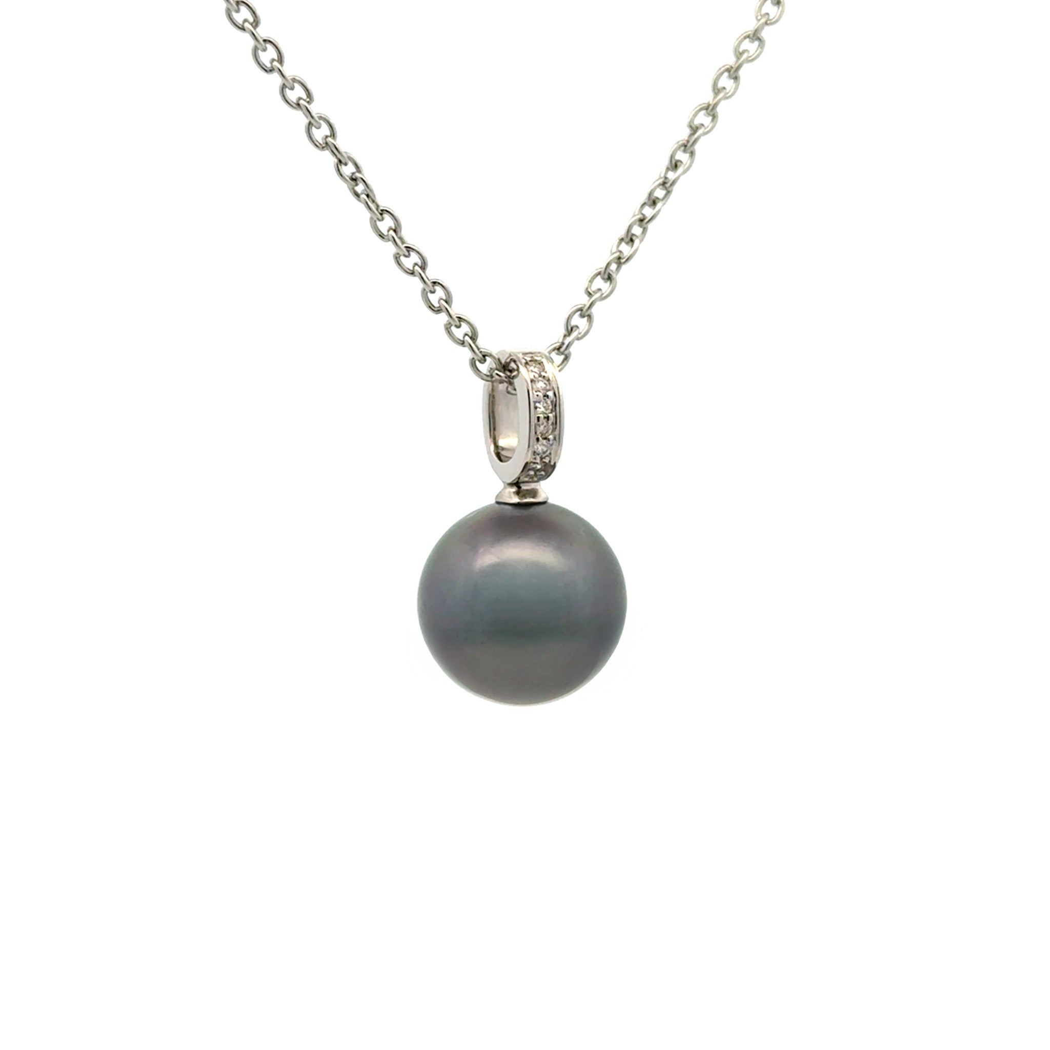 9K White Gold Tahitian 11-12 mm Cultured Pearl and Diamond Pendant side view