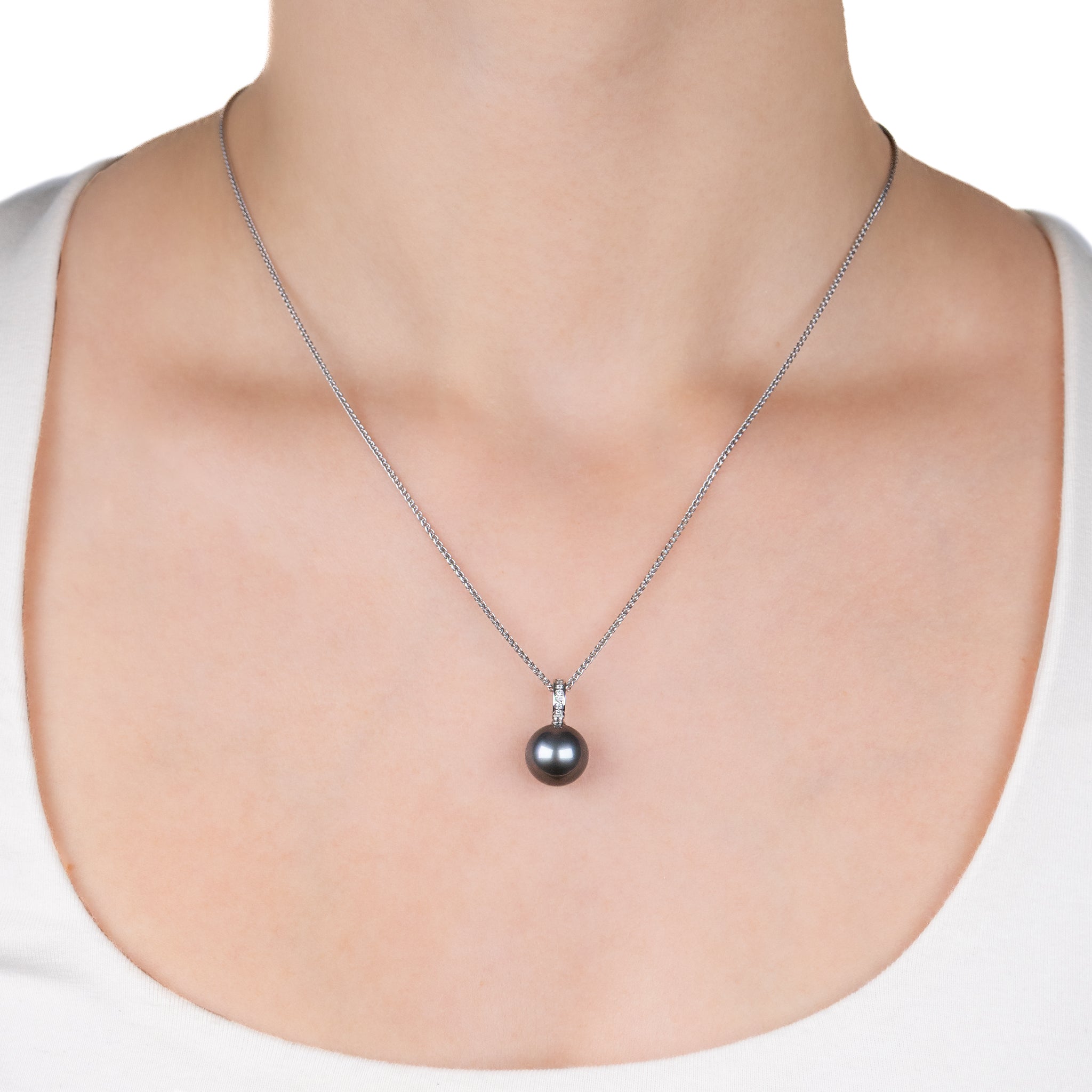 9K White Gold Tahitian 11-12 mm Cultured Pearl and Diamond Pendant