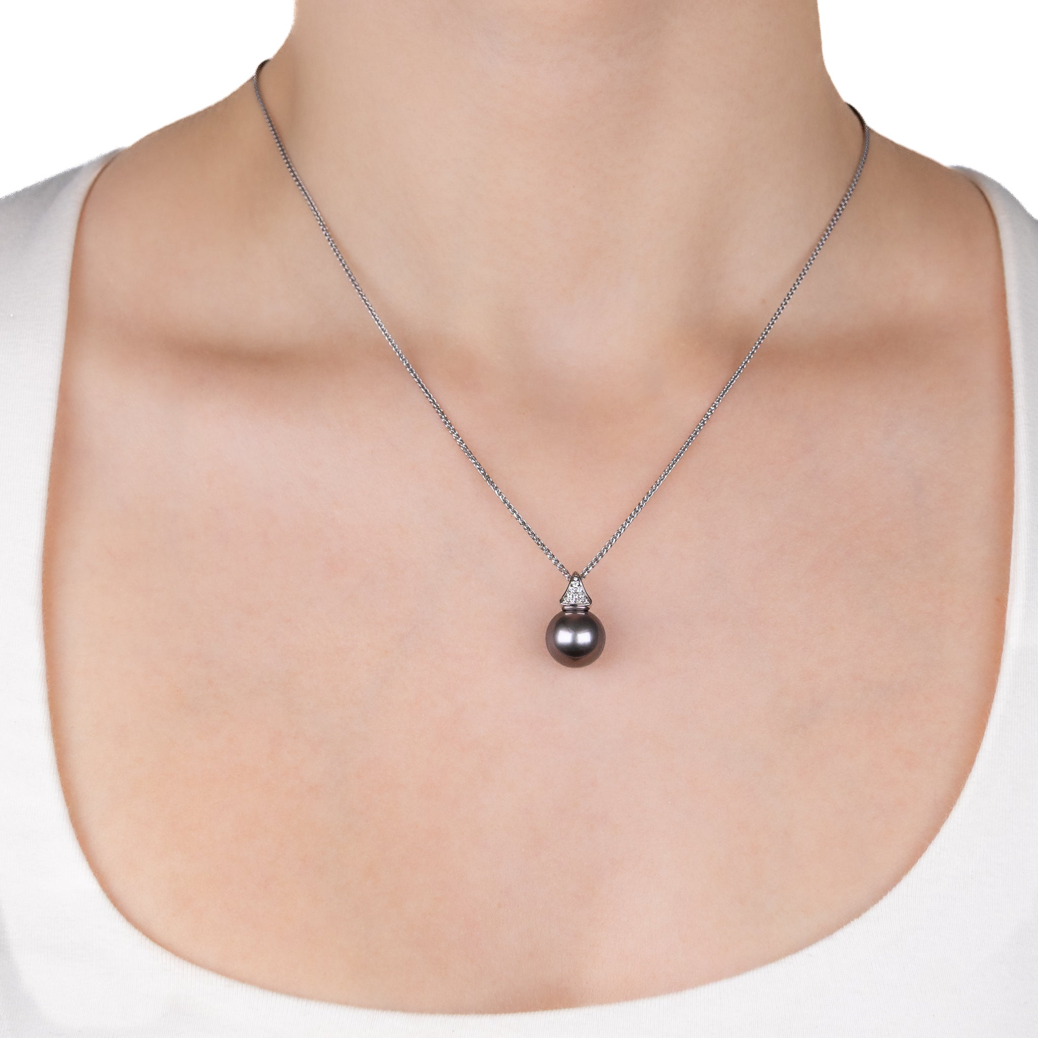 18K White Gold Tahitian 11-12 mm Cultured Pearl and Diamond Pendant