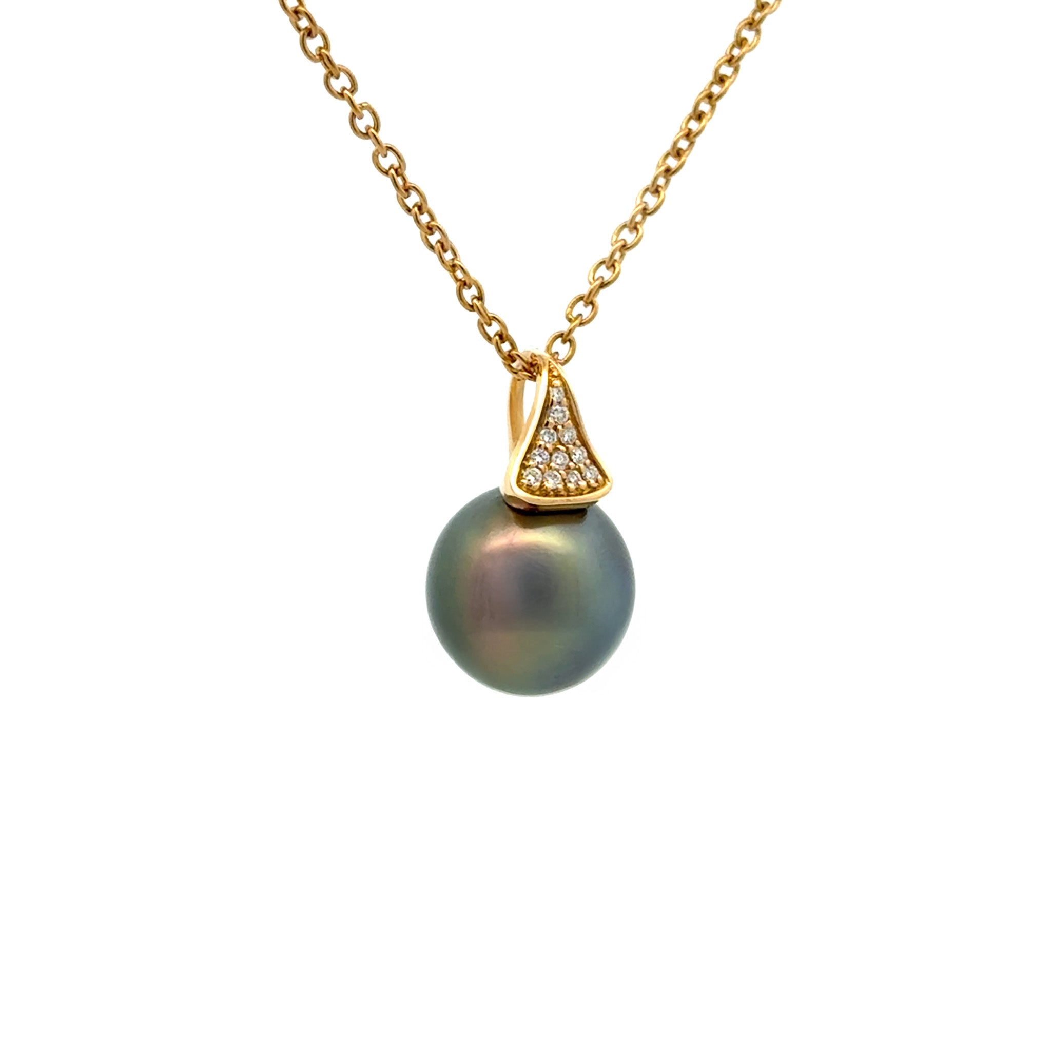 18K Yellow Gold Tahitian 11-12 mm Cultured Pearl and Diamond Pendant side view