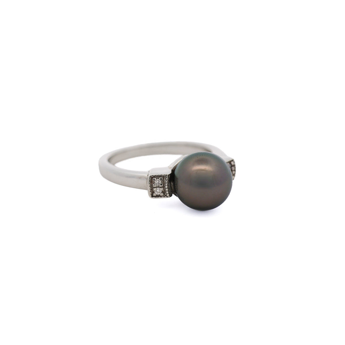 Sterling Silver Tahitian 9-10 mm Cultured Pearl and Diamond Ring front