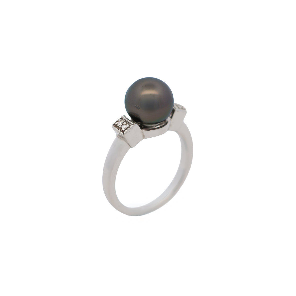 Sterling Silver Tahitian 9-10 mm Cultured Pearl and Diamond Ring standing ring