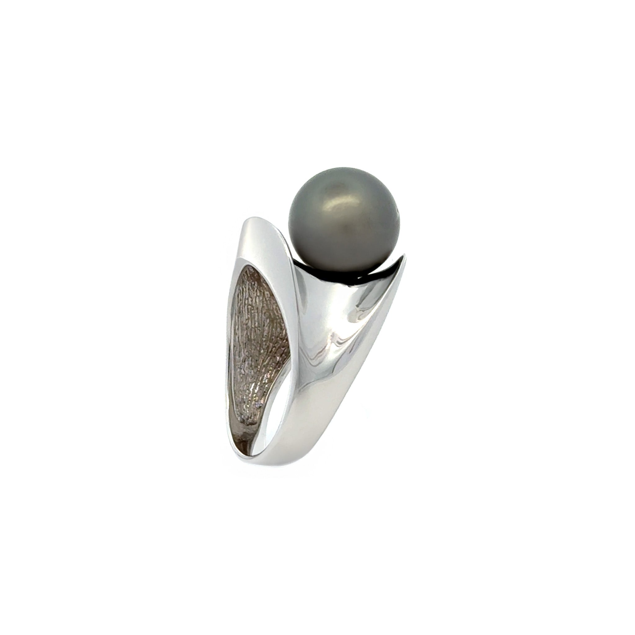 Sterling Silver Tahitian 11-12 mm Cultured Pearl Ring upright with white background