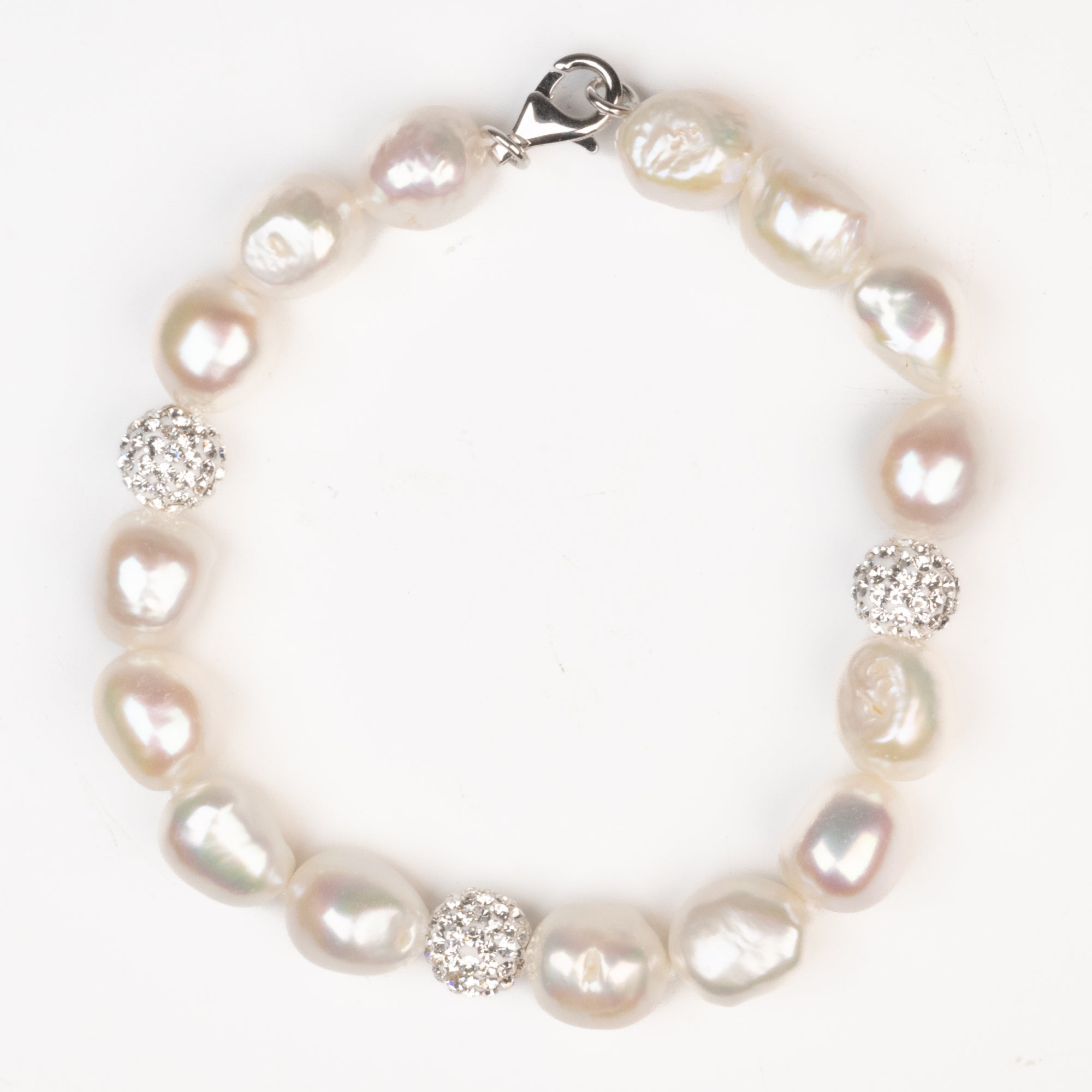 Sterling Silver Freshwater Pearl 9-10mm Bracelet with Crystal Clay Balls