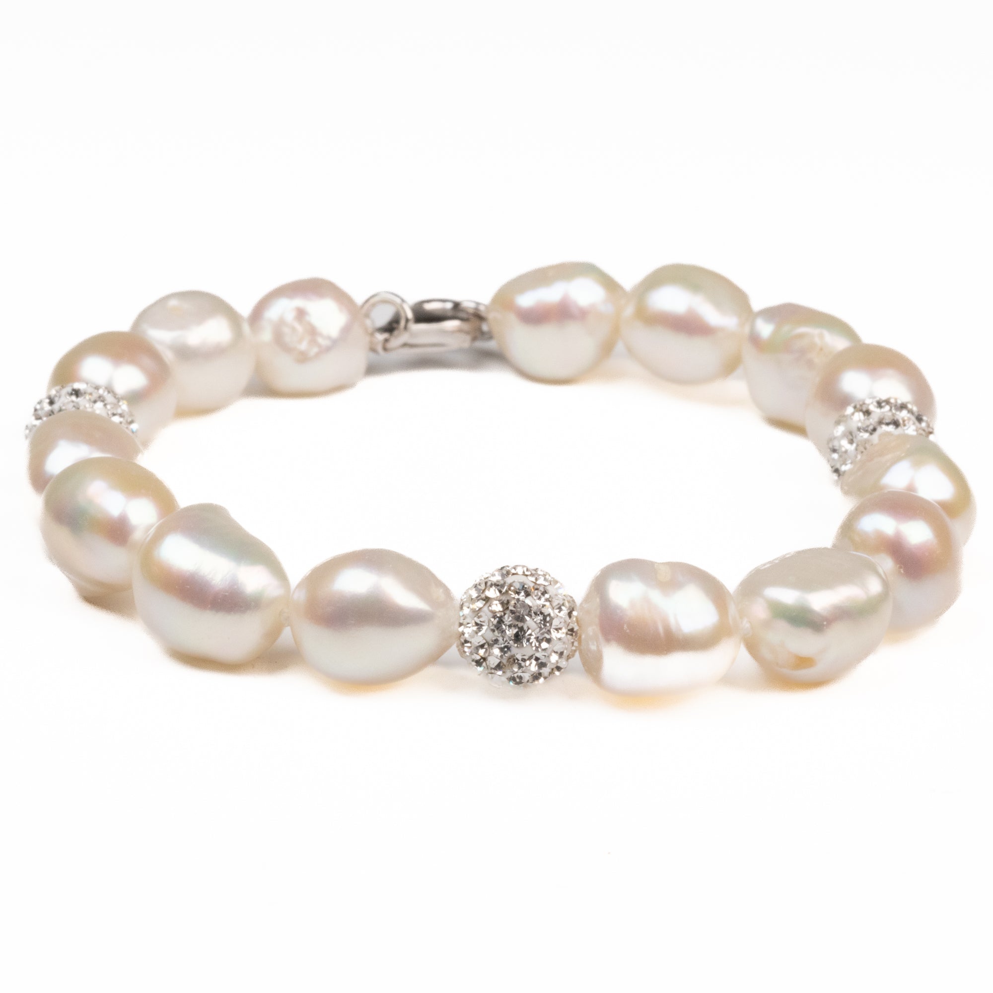 Sterling Silver Freshwater Pearl 9-10mm Bracelet with Crystal Clay Balls