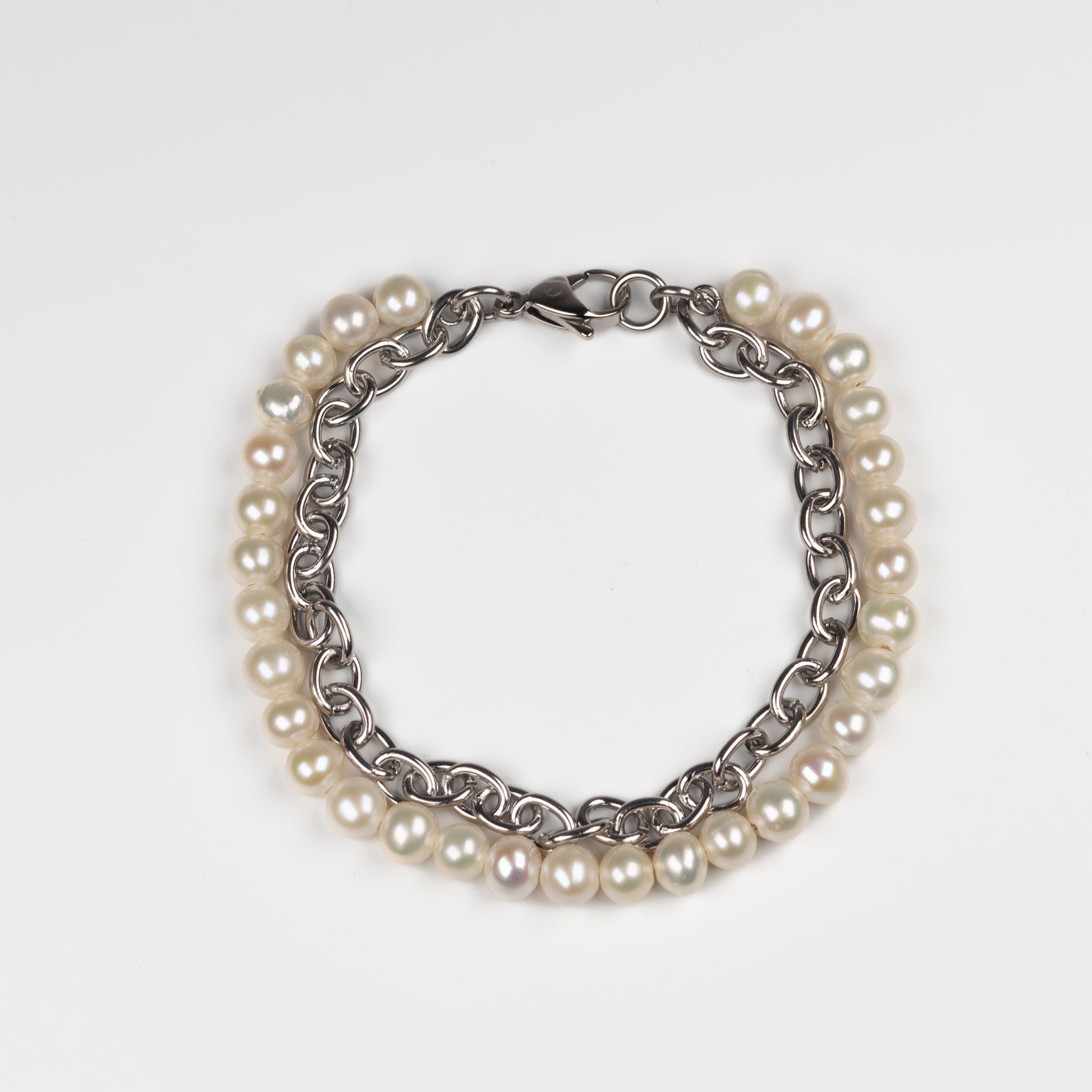 Stainless Steel and White Freshwater Pearl Bracelet