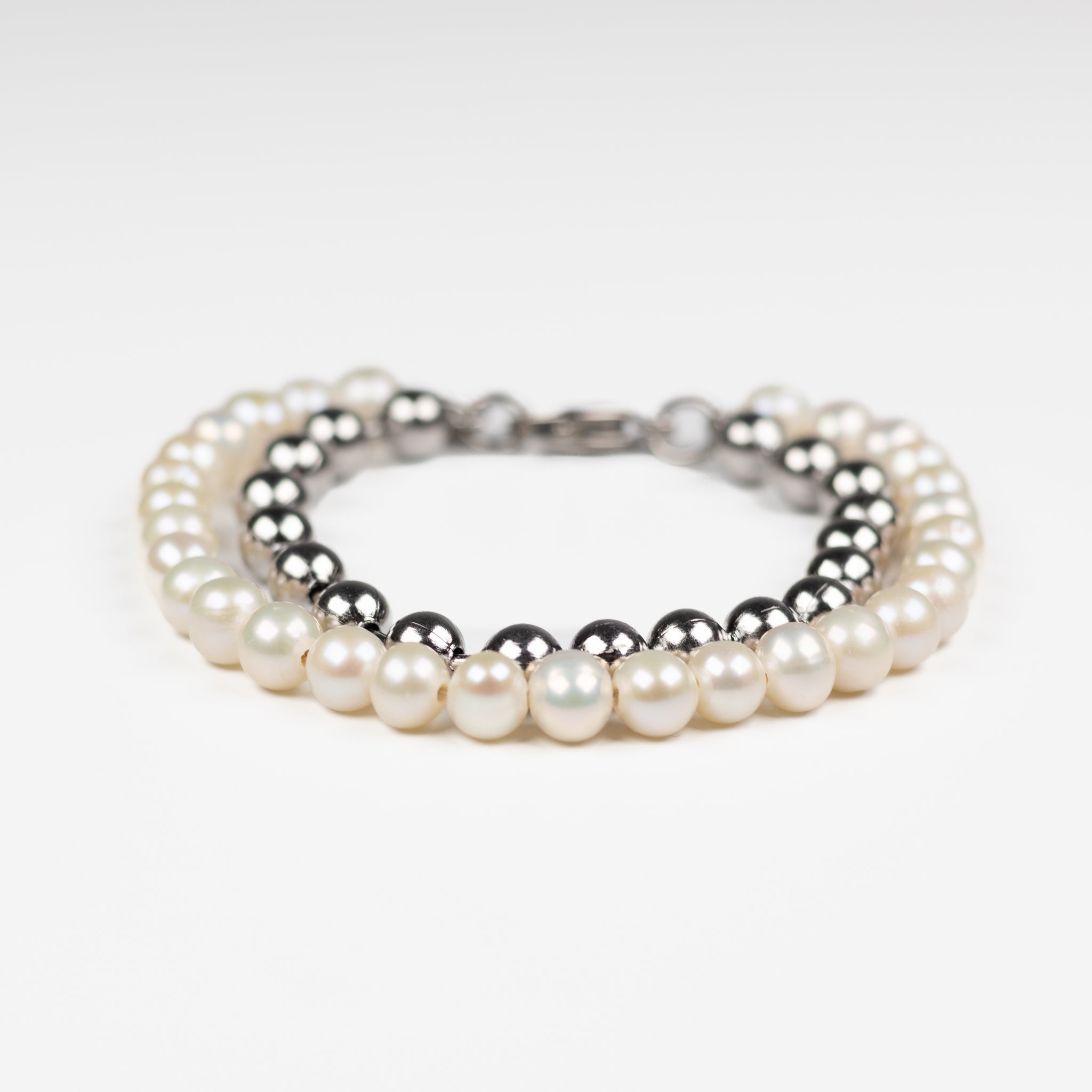 Stainless Steel and White Freshwater Pearl Double Ball Bracelet