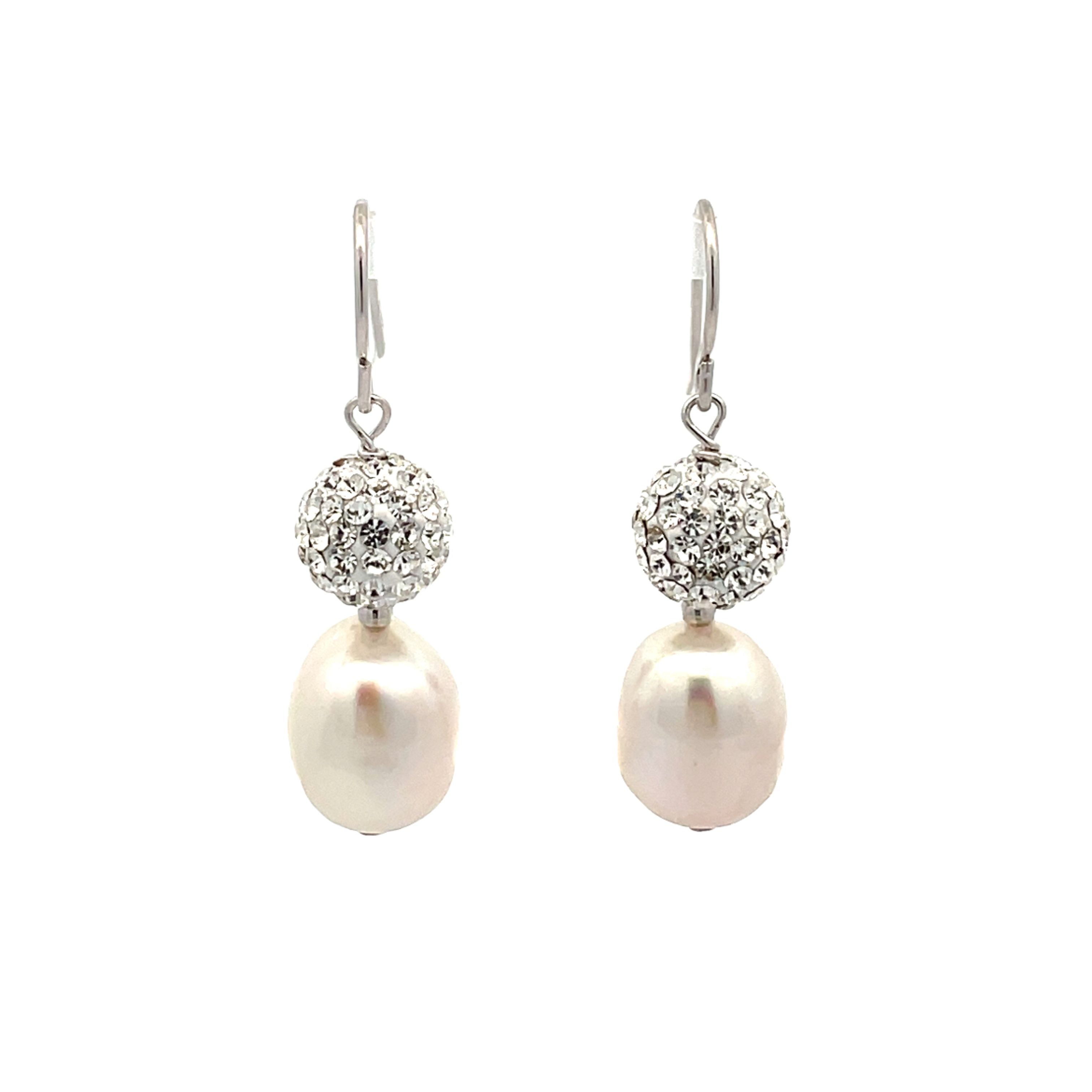 Sterling Silver Freshwater Pearl and Crystal Clay Ball Hook Earrings