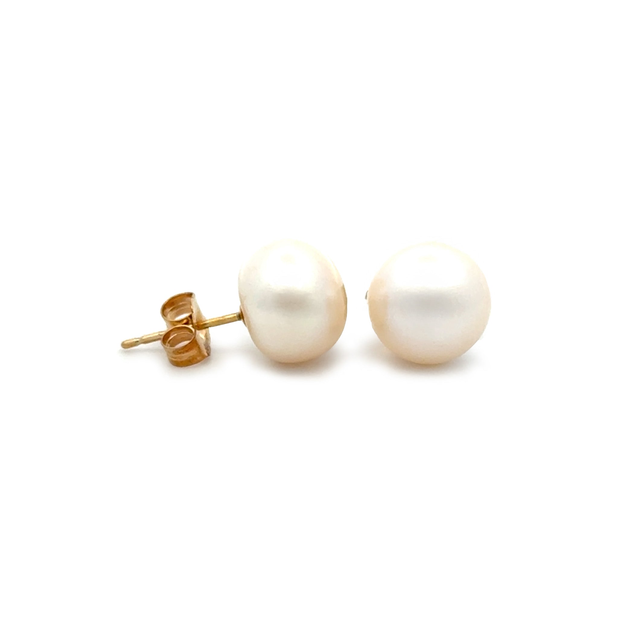 Pair of 9K Yellow Gold Freshwater 8.5 - 9mm Pearl Stud Earrings on a white background