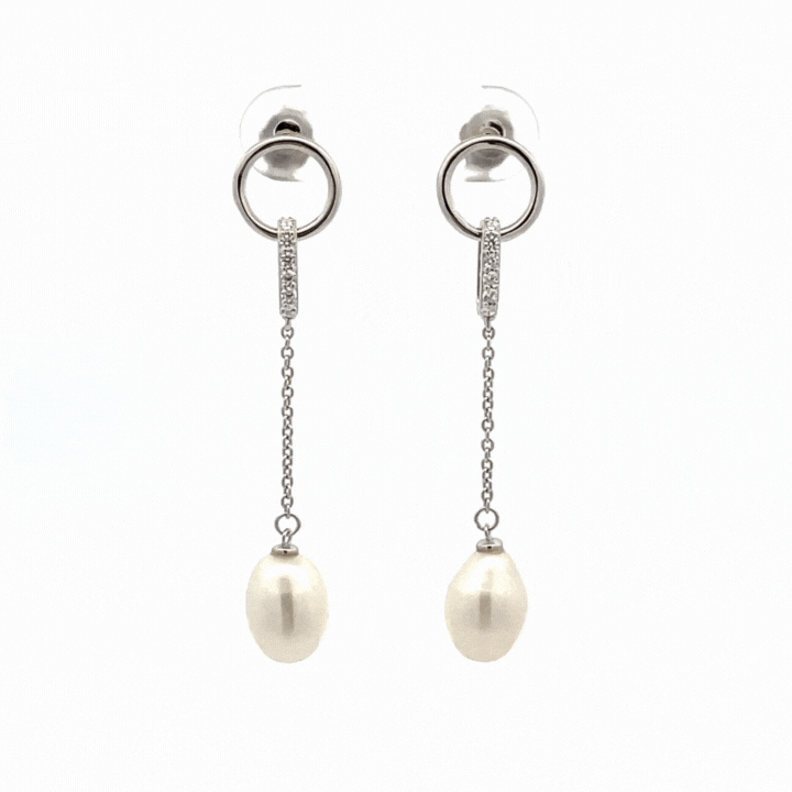 纯银淡水珍珠和方晶锆石吊式耳环