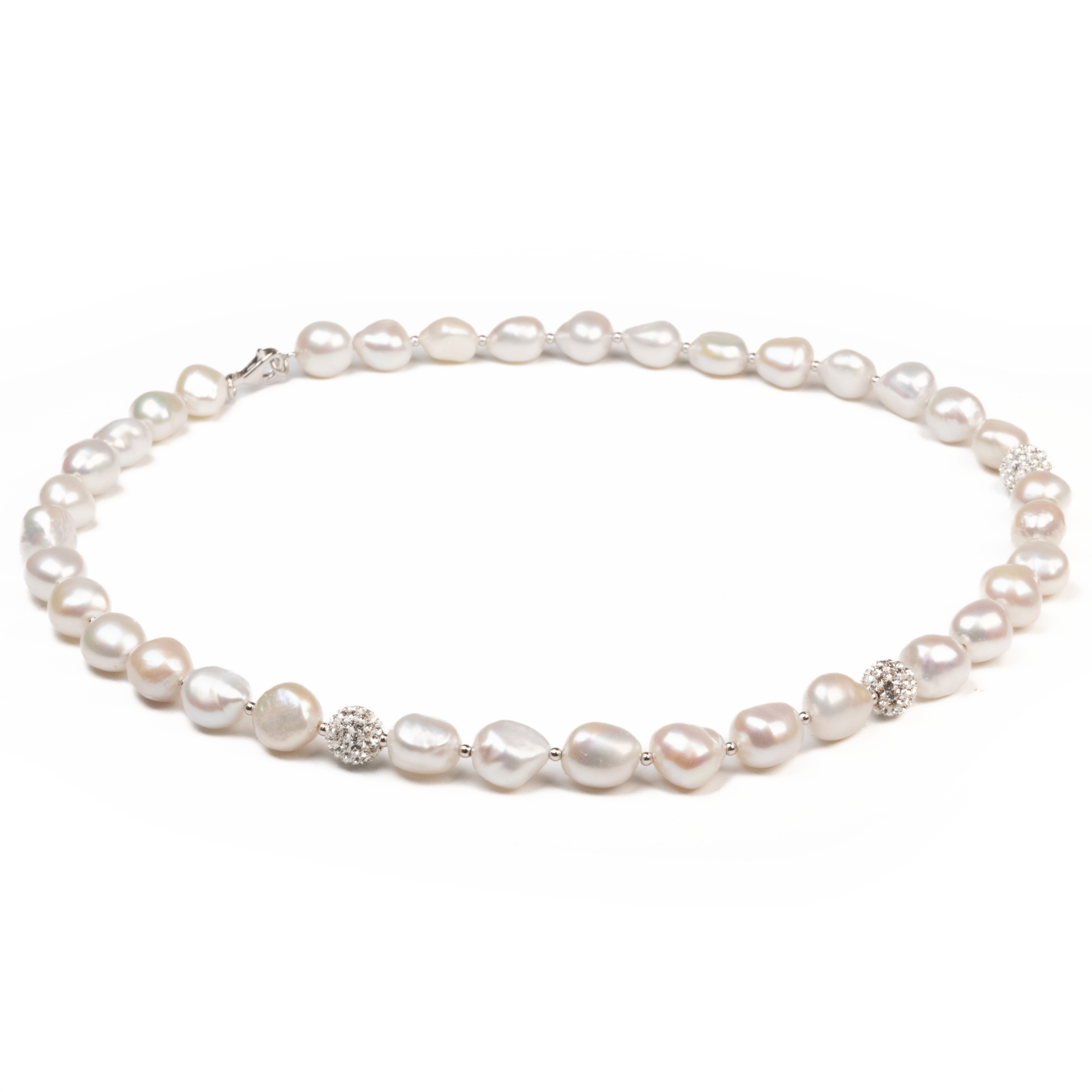 Sterling Silver Freshwater Pearl & Crystal Clay Ball Necklace front view