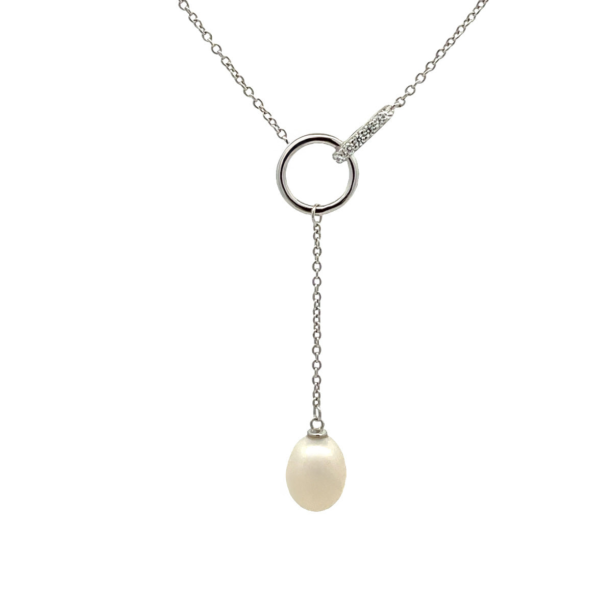 Sterling Silver Freshwater Pearl and Cubic Zirconia Necklace front view