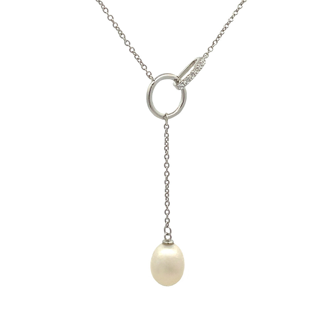 Sterling Silver Freshwater Pearl and Cubic Zirconia Necklace side view