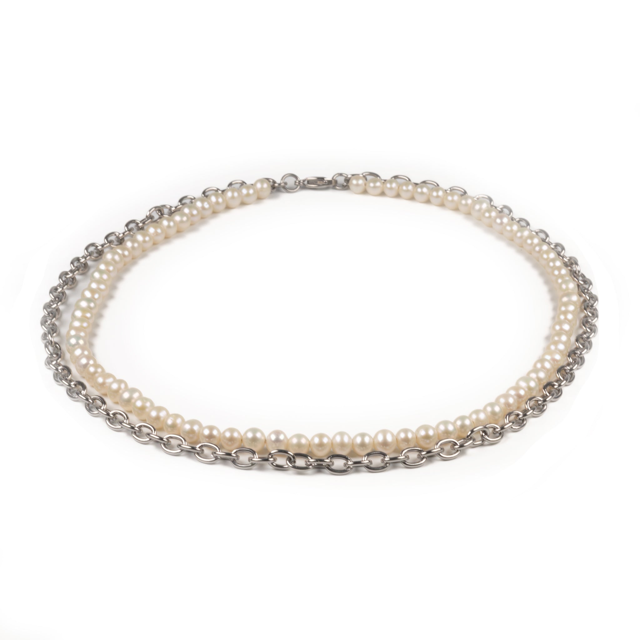 Stainless Steel and White Freshwater Pearl Double Link Necklace front view