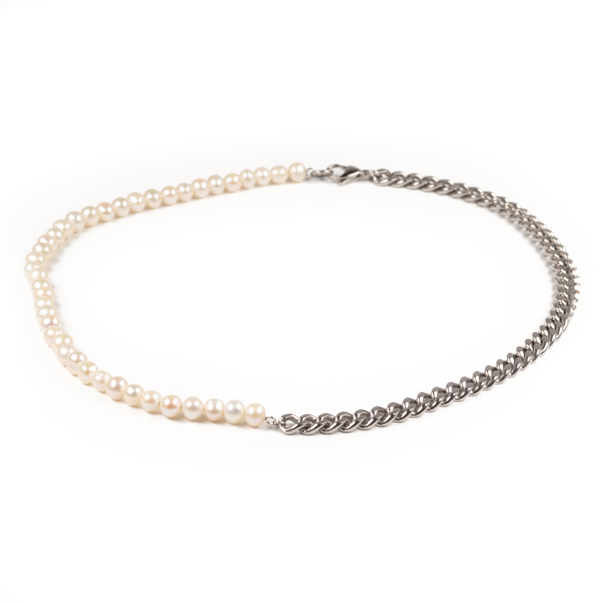 Stainless Steel and White Freshwater Pearl Necklace front view