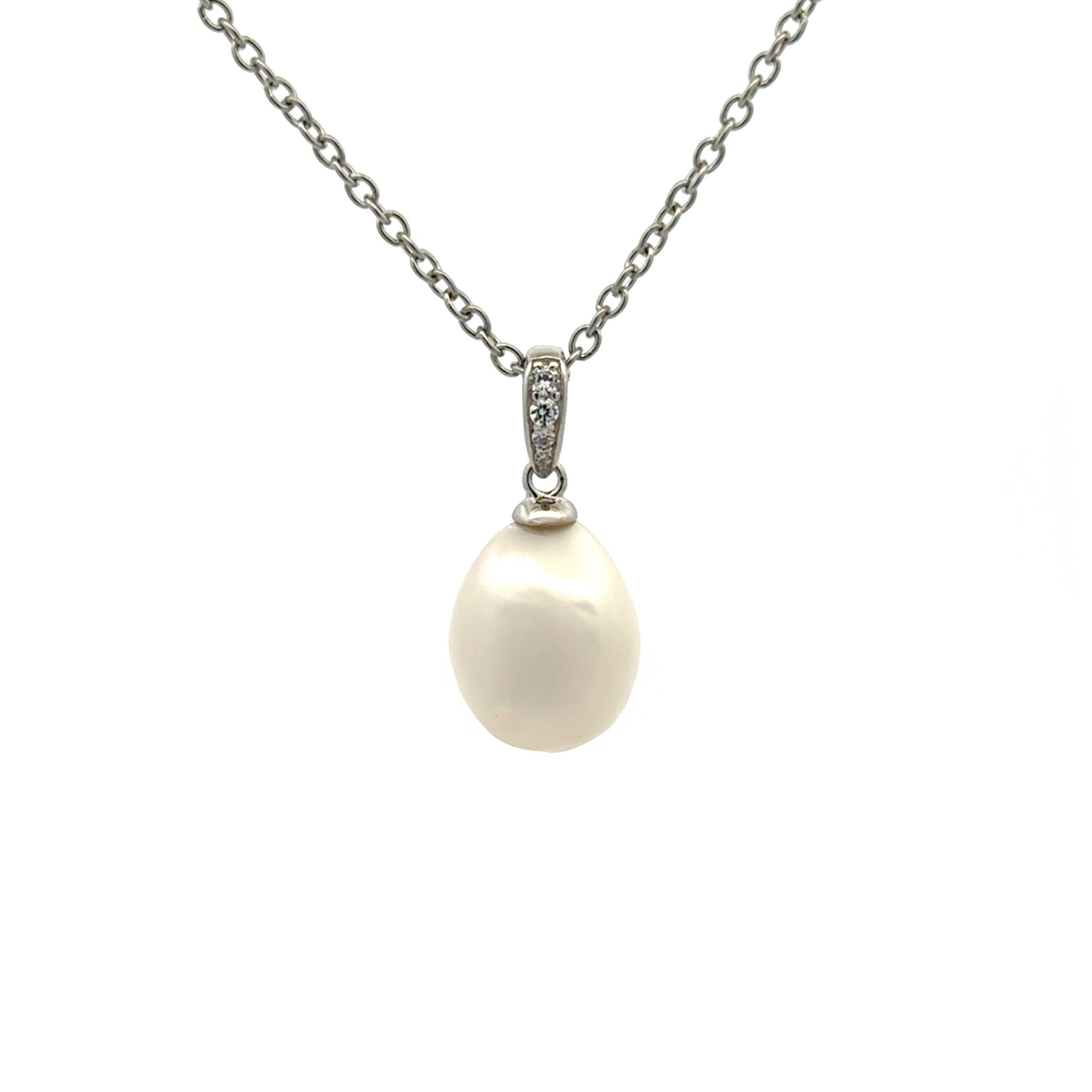 Sterling Silver Freshwater 10-11 mm Pearl and Cubic Zirconia Pendant front view