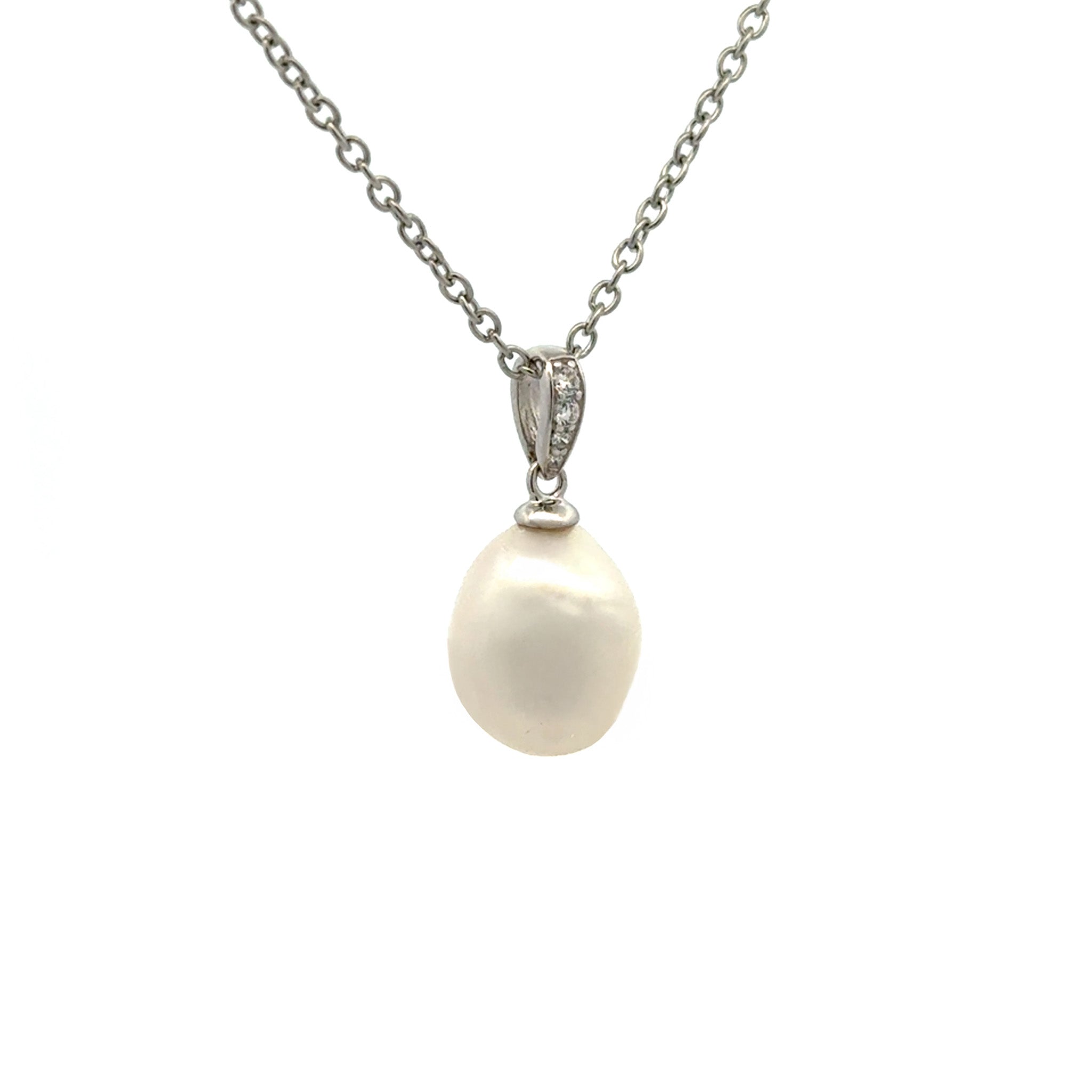 Sterling Silver Freshwater 10-11 mm Pearl and Cubic Zirconia Pendant side view