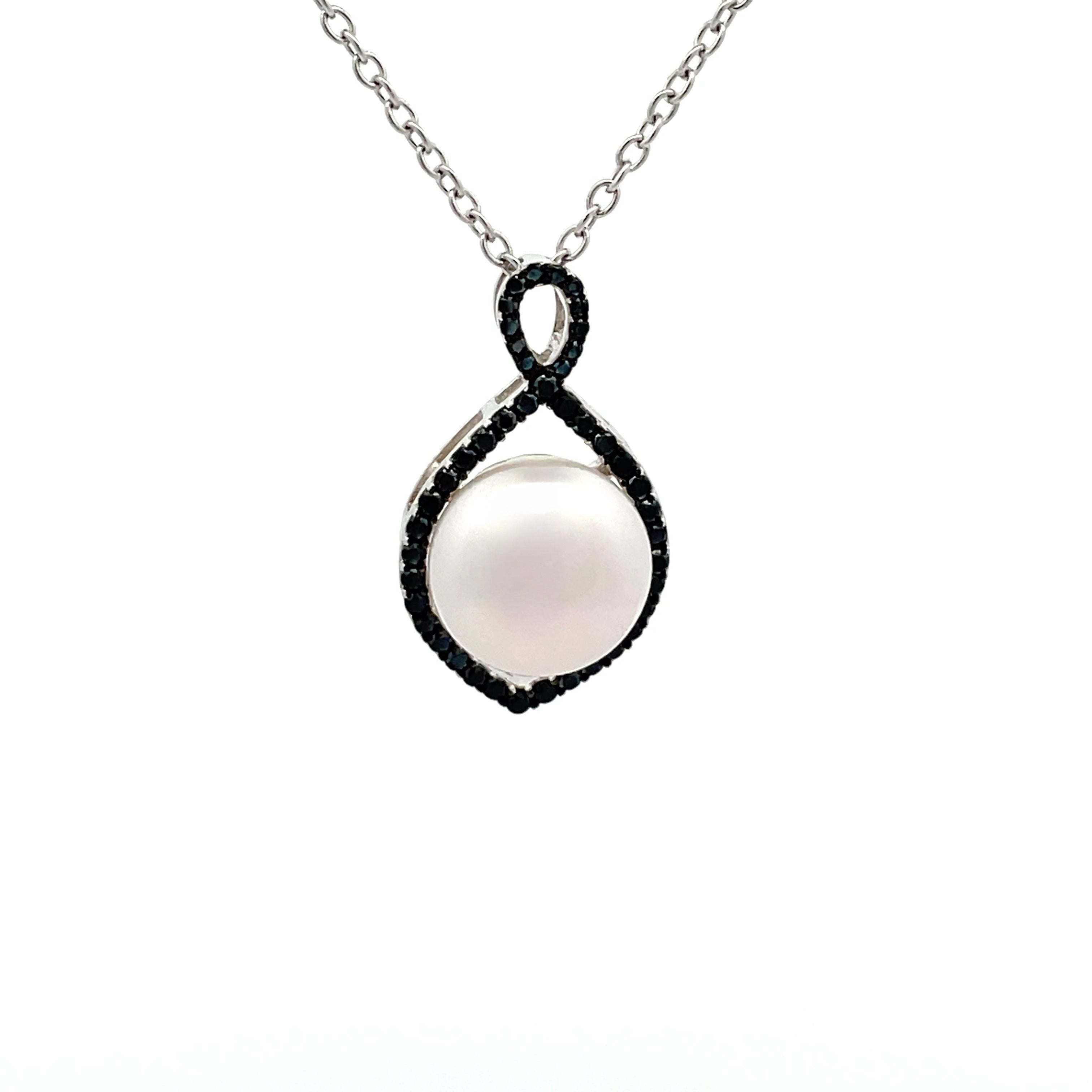 Sterling Silver Freshwater Pearl & Black Spinel Pendant front view