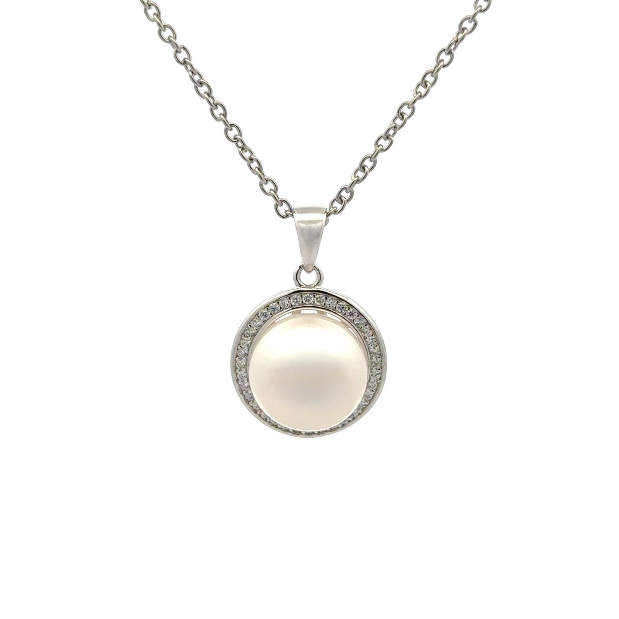 Sterling Silver Freshwater Pearl White 11-12 mm Cubic Zirconia Pendant