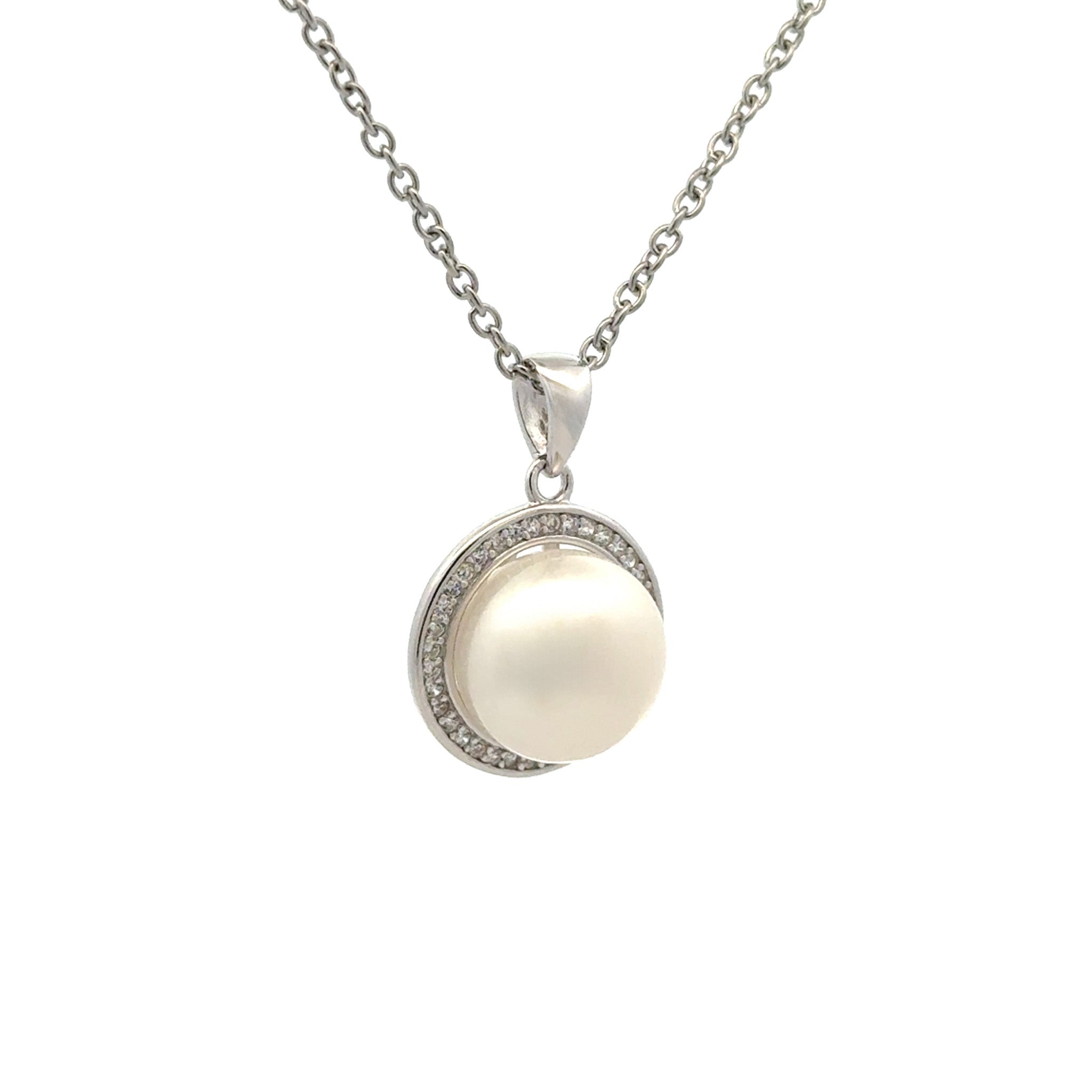 Sterling Silver Freshwater Pearl White 11-12 mm Cubic Zirconia Pendant