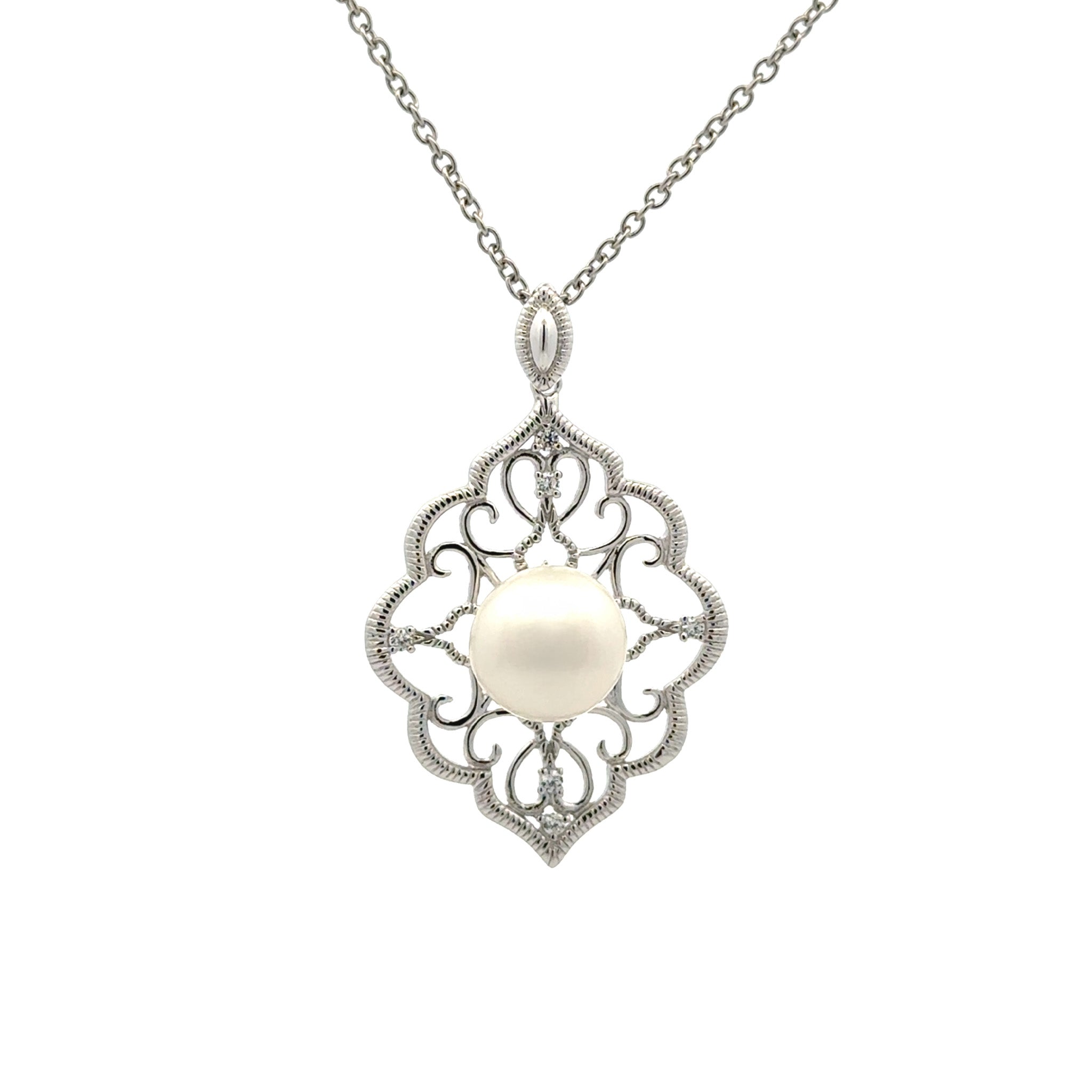 Sterling Silver 10-11 mm White Freshwater Pearl & Cubic Zirconia Pendant front view on a white background