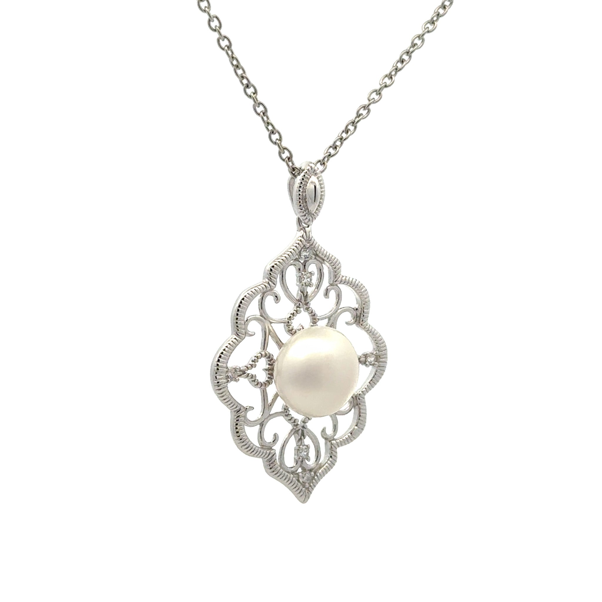 Sterling Silver 10-11 mm White Freshwater Pearl & Cubic Zirconia Pendant side view on a white background