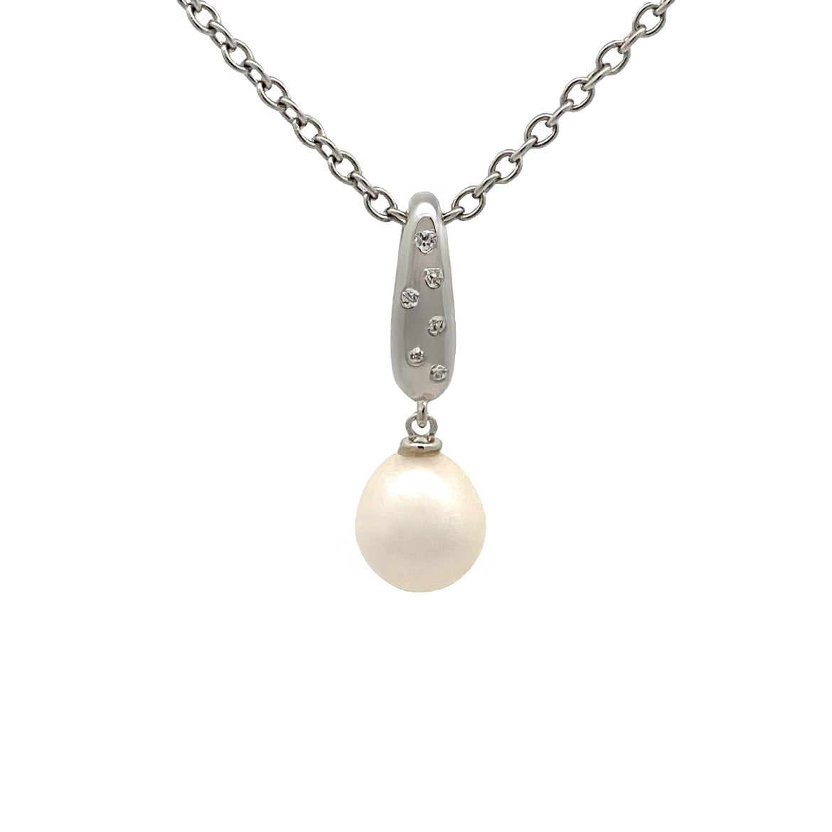 Sterling Silver Freshwater Pearl and Cubic Zirconia Pendant front view