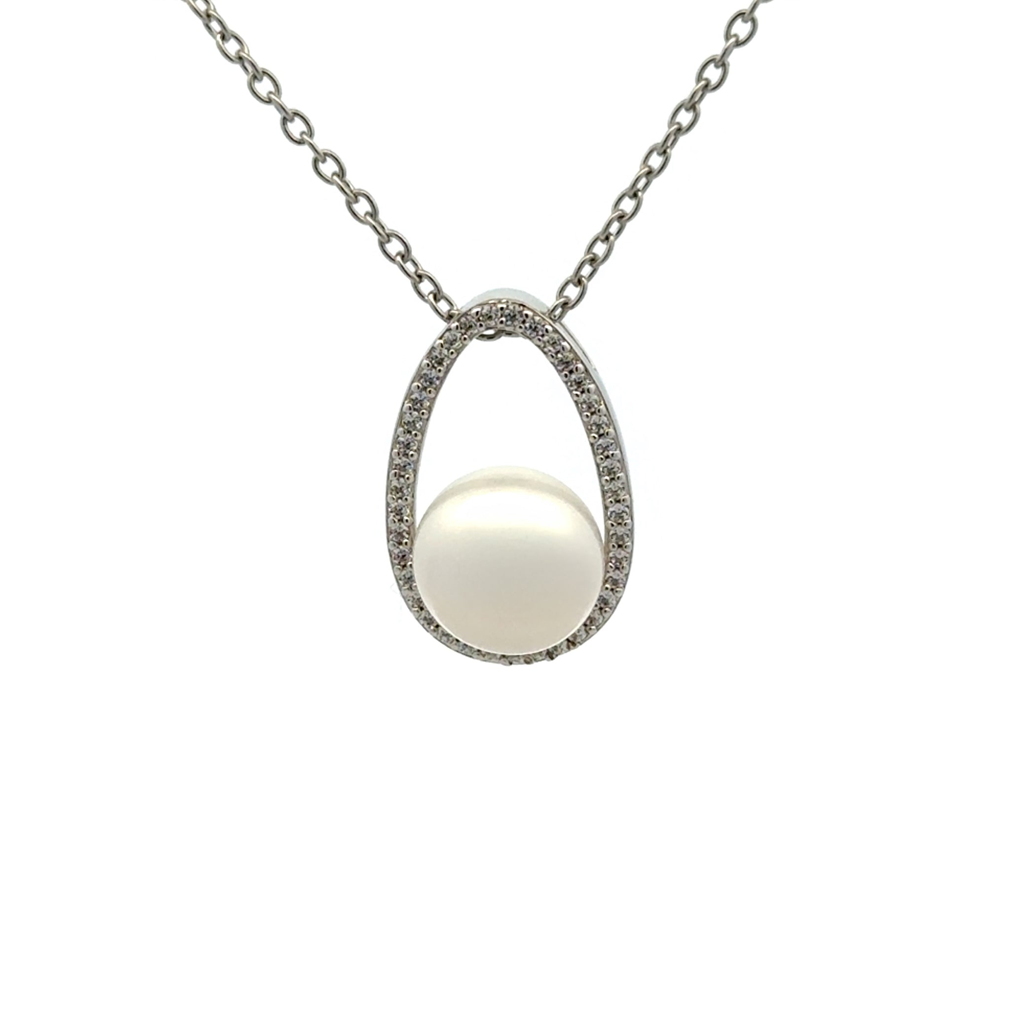 Sterling Silver Freshwater Pearl White 10mm Cubic Zirconia Pendant front view