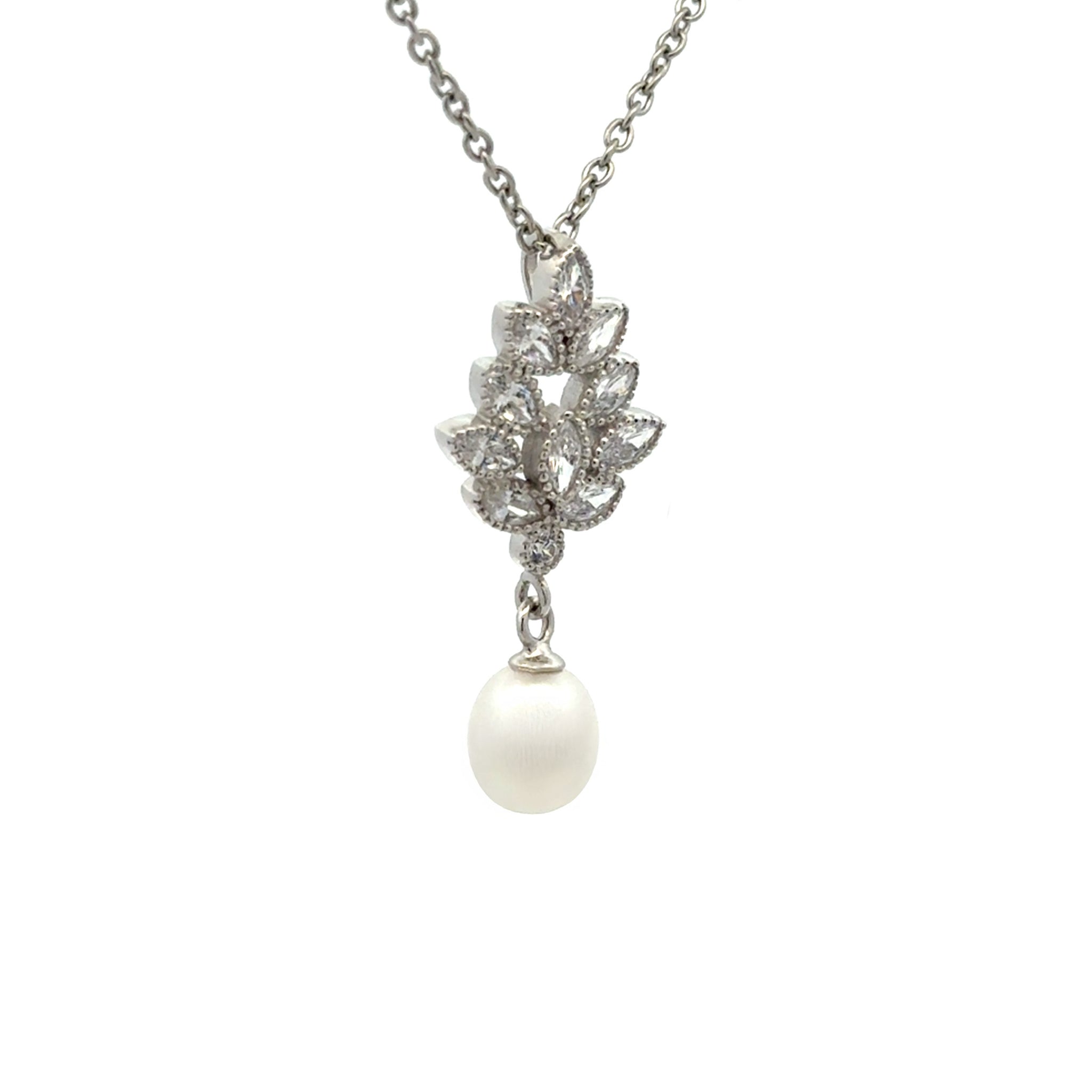 Sterling Silver Freshwater 7mm White Pearl & Cubic Zirconia Pendant side view