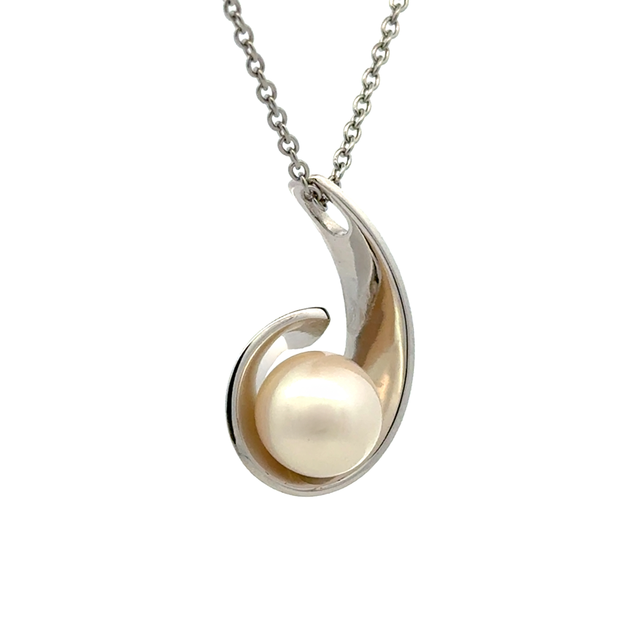 Sterling Silver Freshwater Pearl White 9.5mm Pendant side view shot with a white background