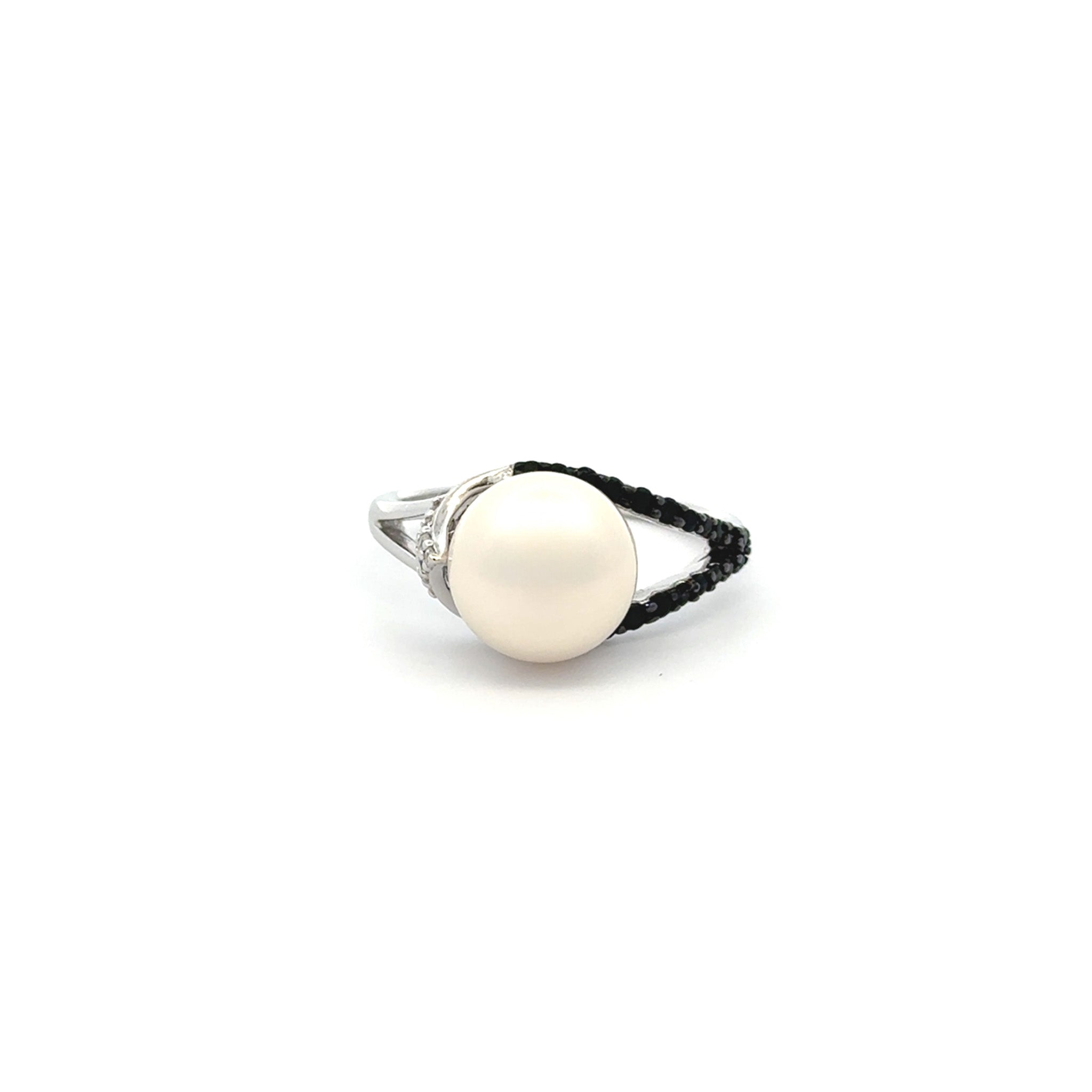 Sterling Silver Freshwater Pearl 9.5-10mm Black Spinel & Cubic Zirconia Ring front view