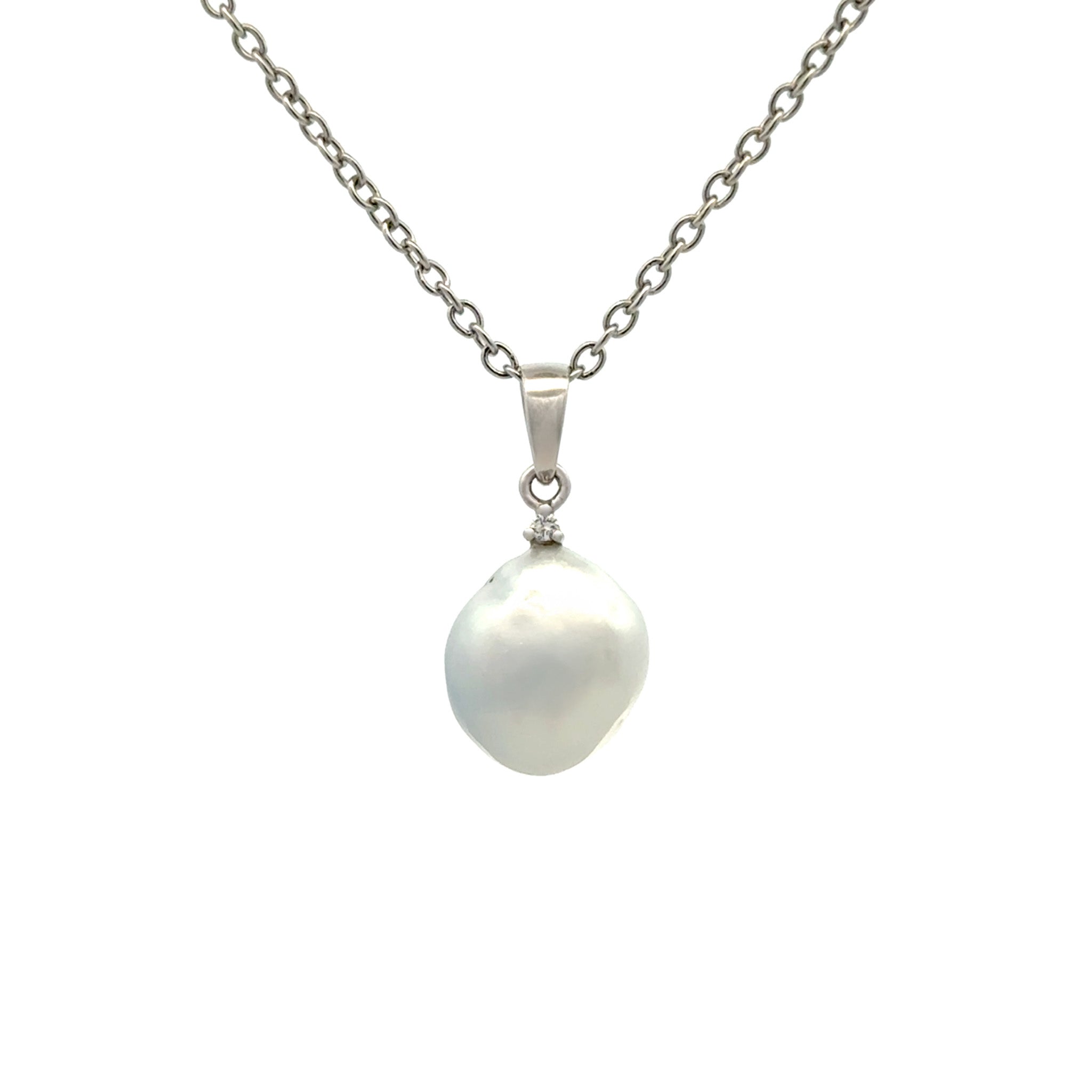 9K White Gold Australian South Sea 1.2 g Keshi Pearl and Diamond Pendant front view on white background