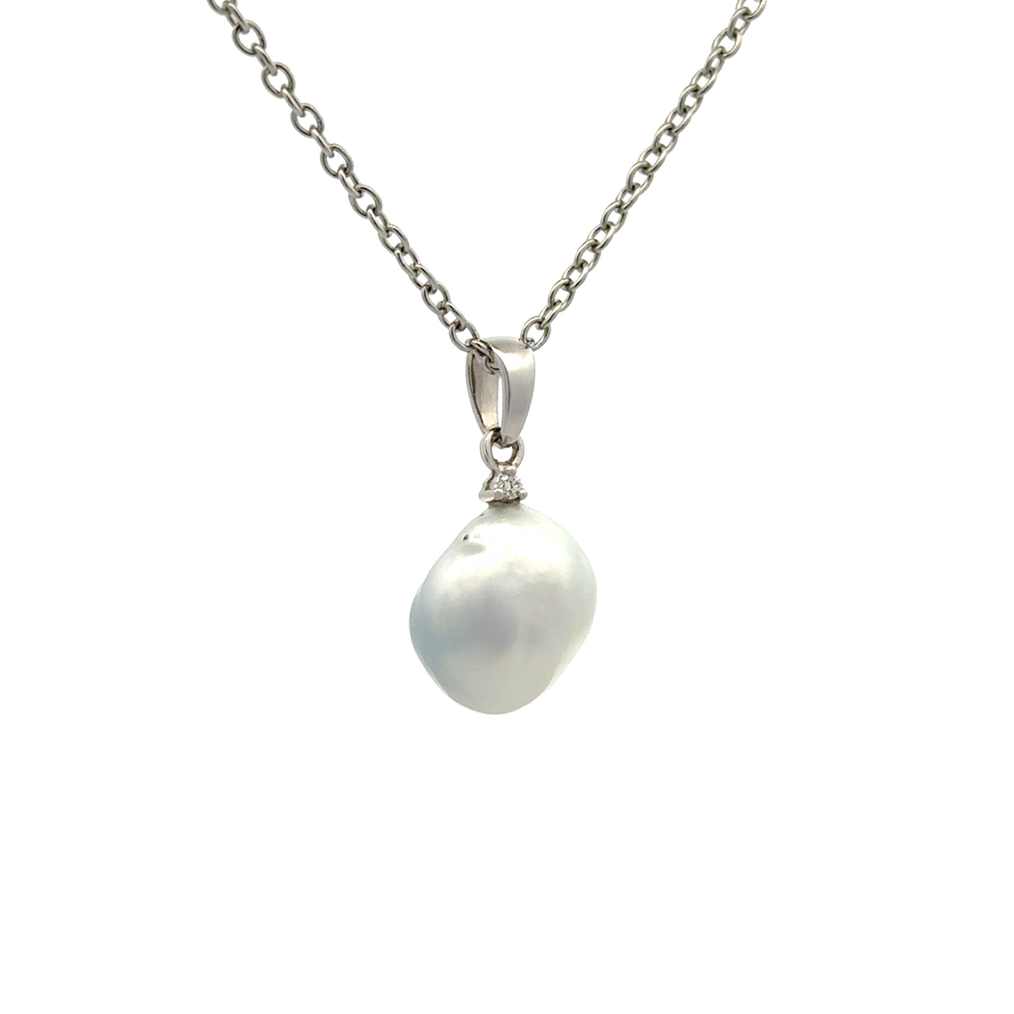 9K White Gold Australian South Sea 1.2 g Keshi Pearl and Diamond Pendant side view on white background