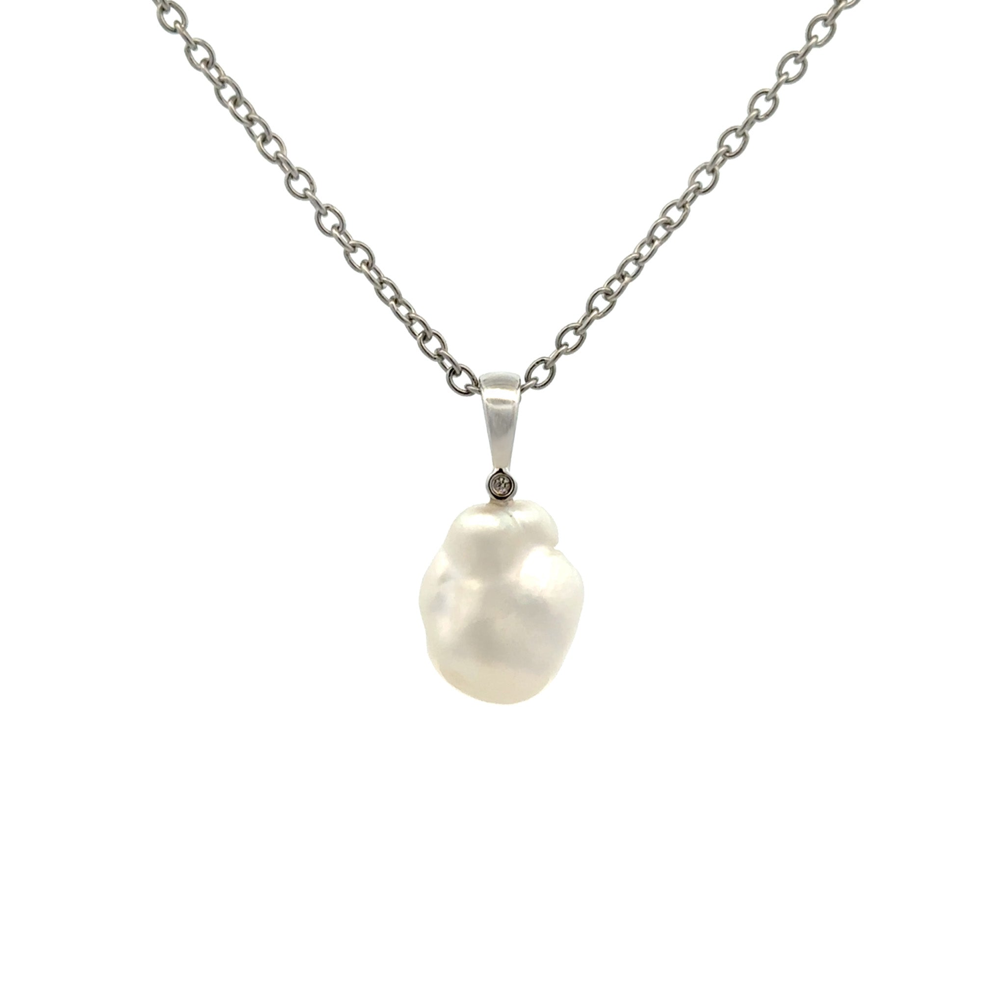 9K White Gold Australian South Sea 1.0 g Keshi Pearl and Diamond Pendant front view on white background