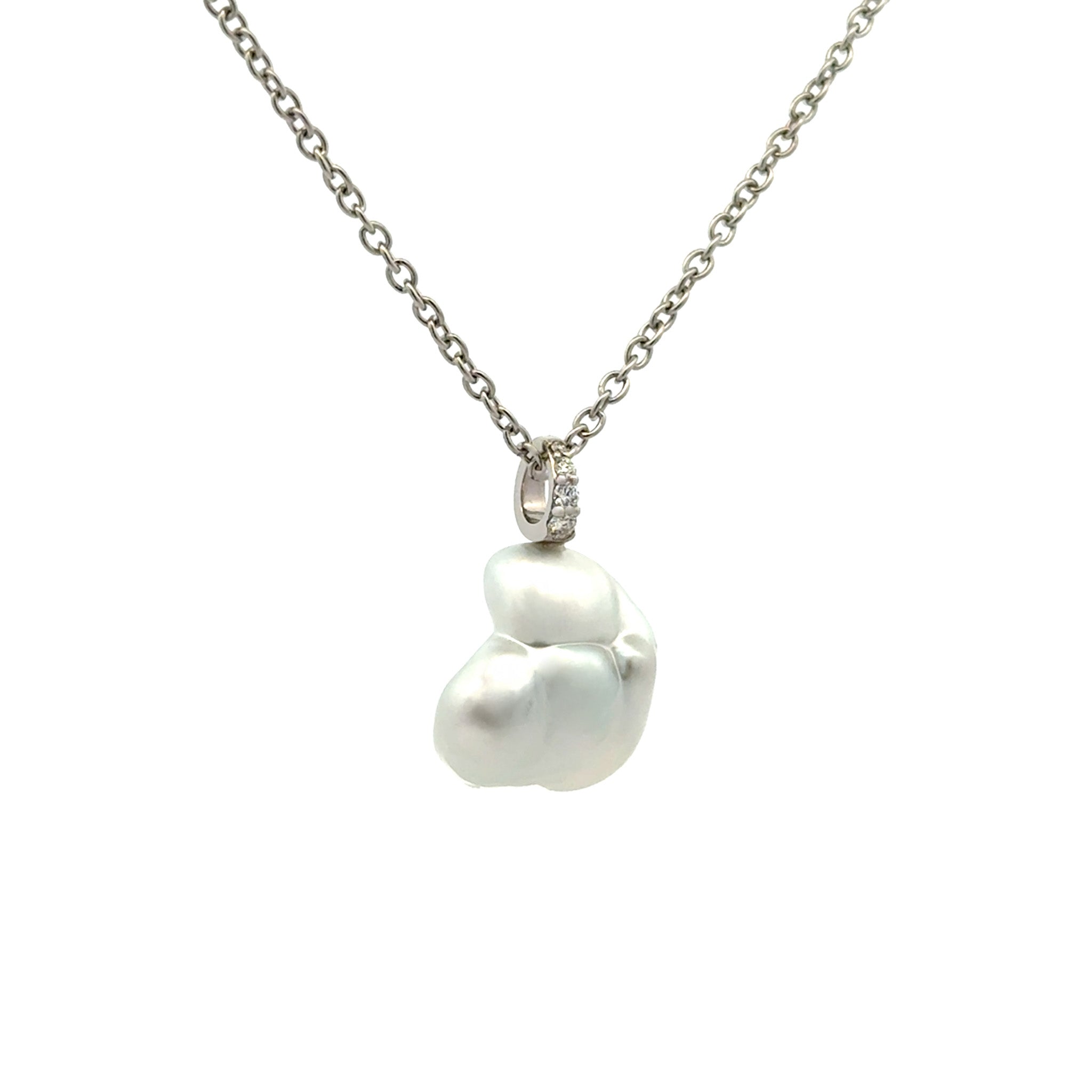 9K White Gold Australian South Sea 1.6 g Keshi Pearl and Diamond Pendant side view on white background