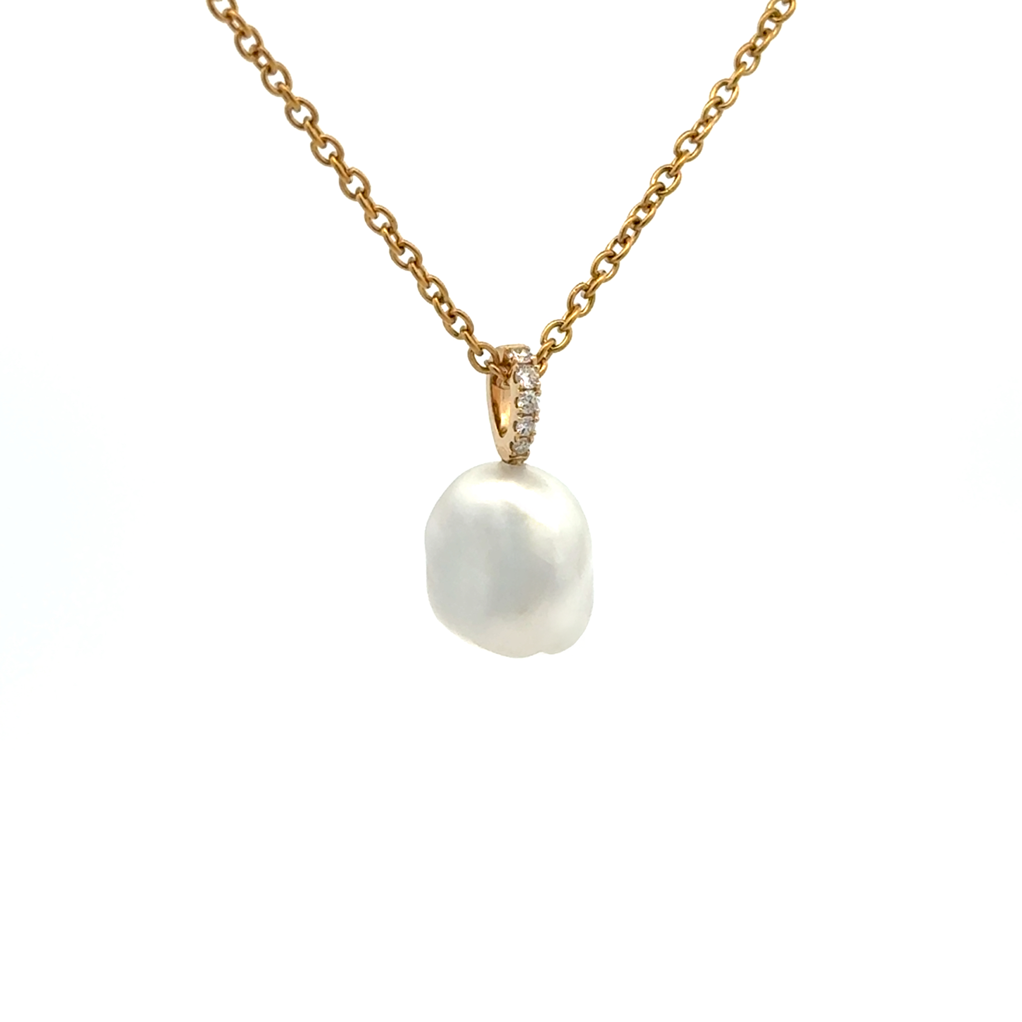 18K Yellow Gold Australian South Sea 1.3g Keshi Pearl and Diamond Pendant side view on a white background