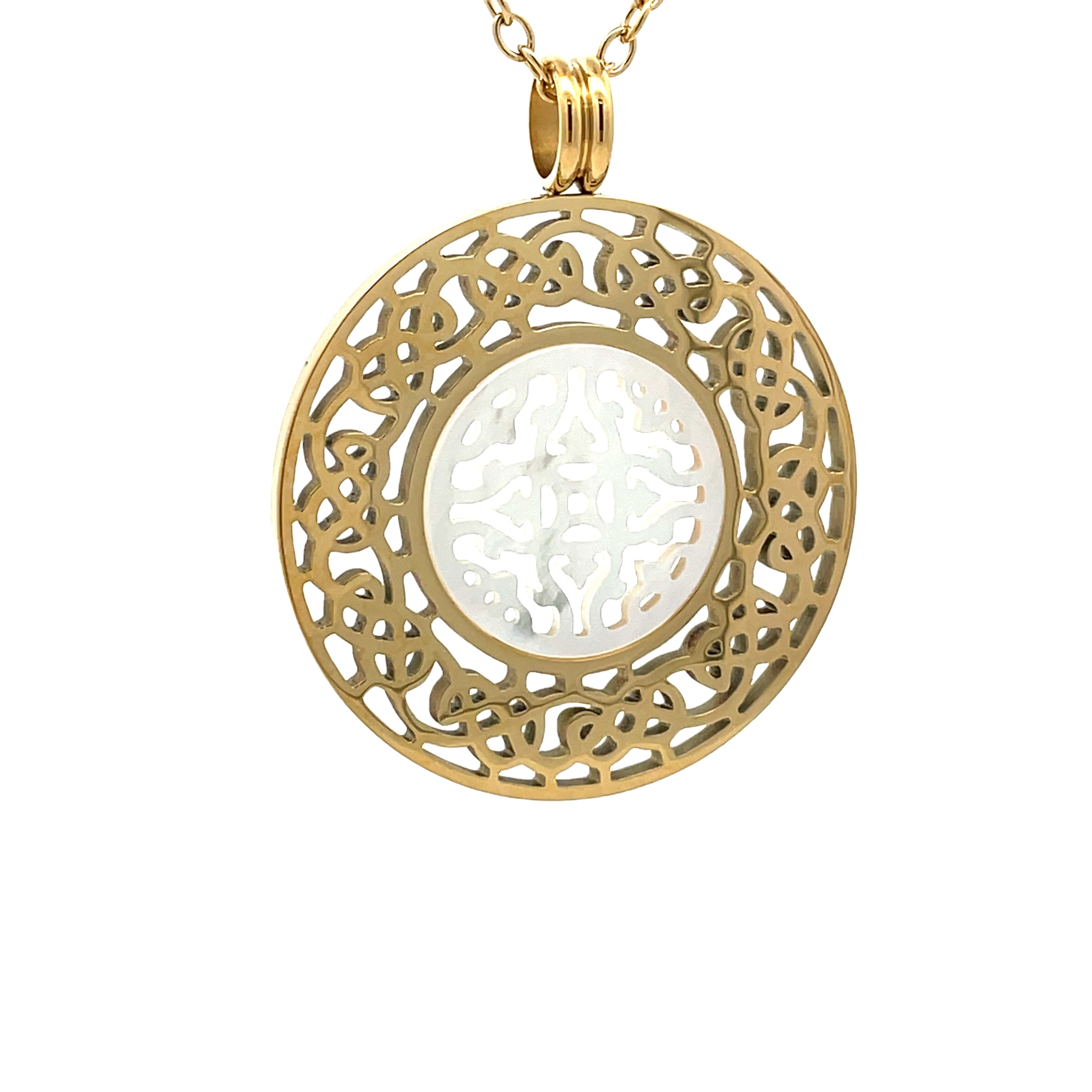 14K Gold Plated Stainless Steel White Mother of Pearl Large Ornate Necklace
