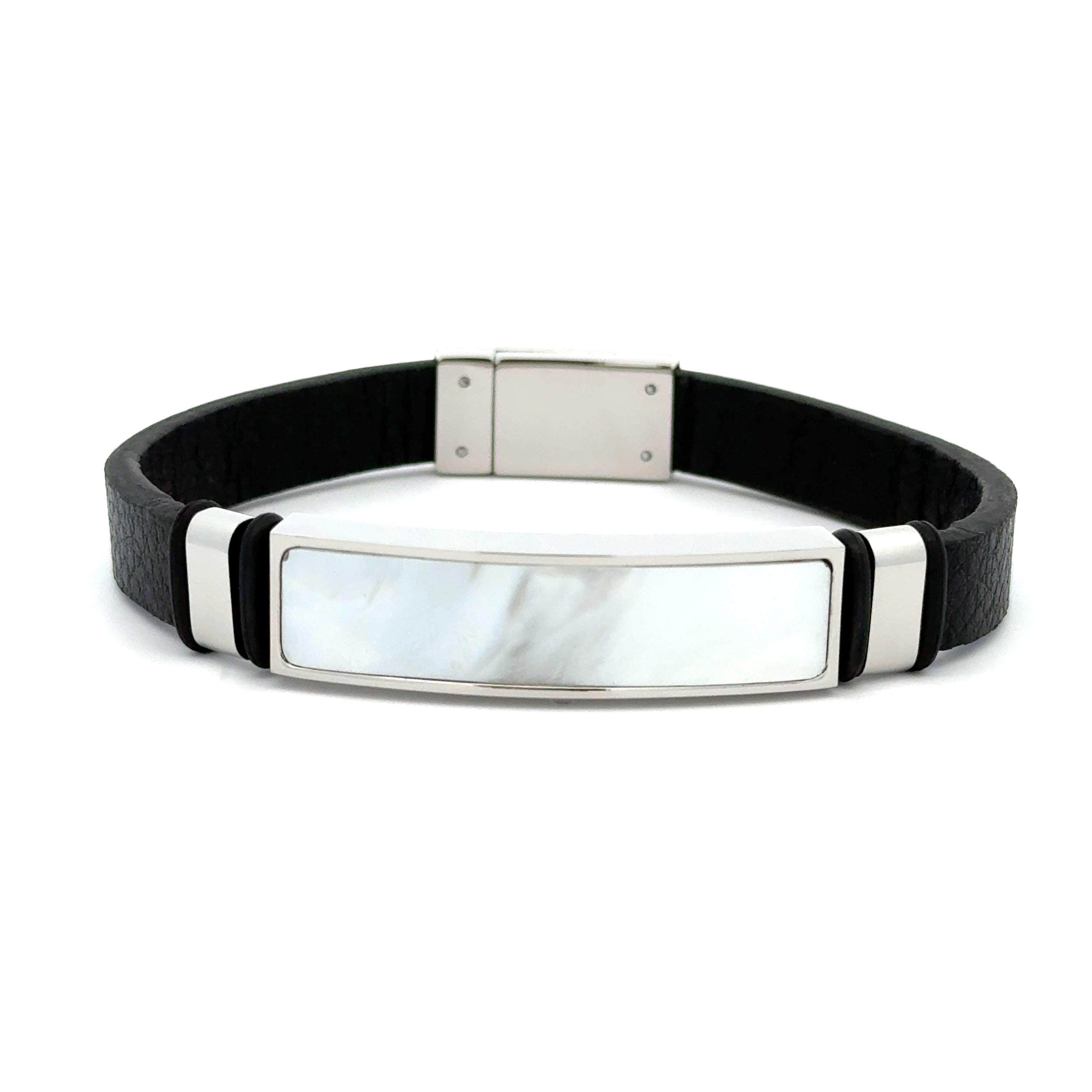 Stainless Steel Textured Leather Bracelet With White Mother Of Pearl