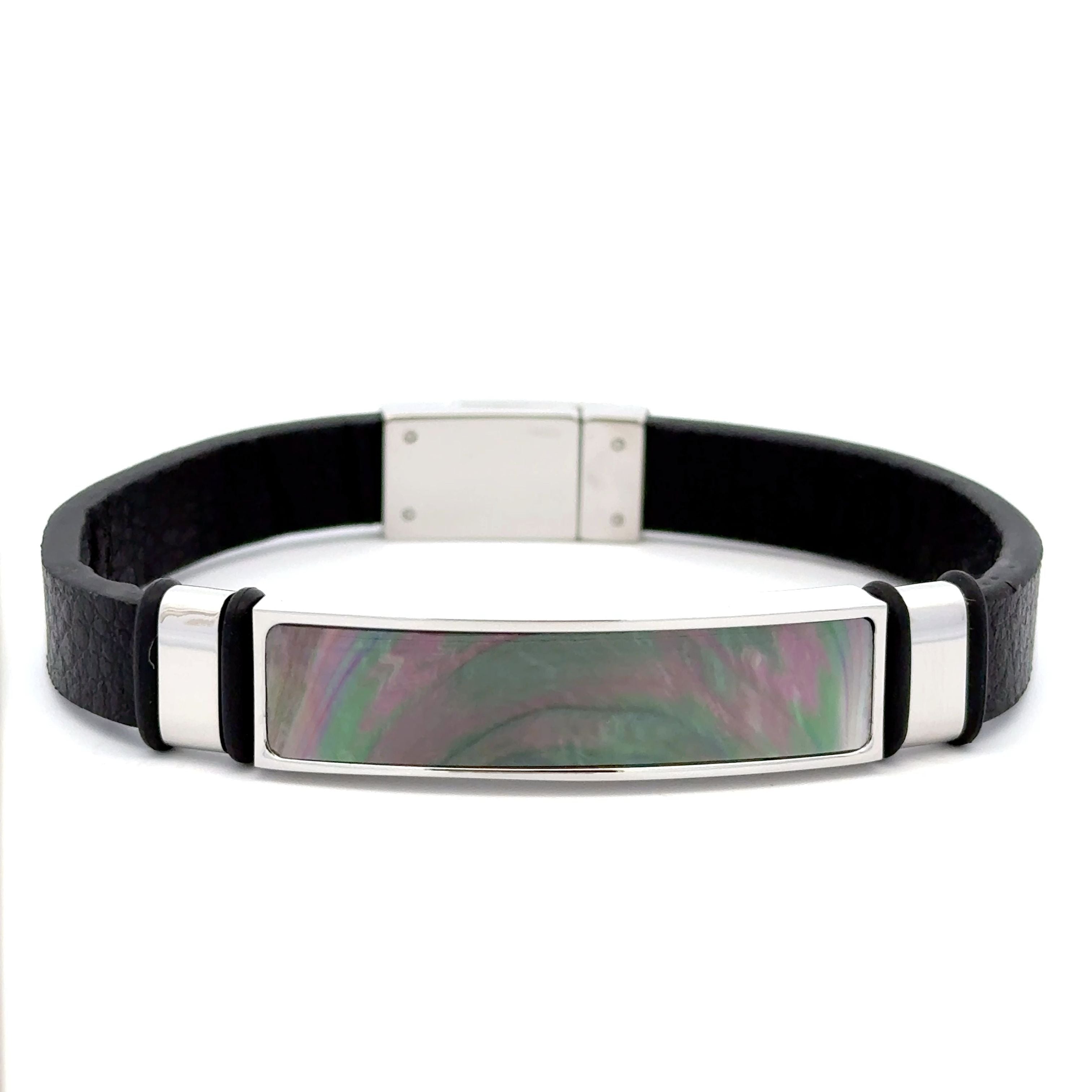Stainless Steel Textured Leather Bracelet With Black Mother Of Pearl