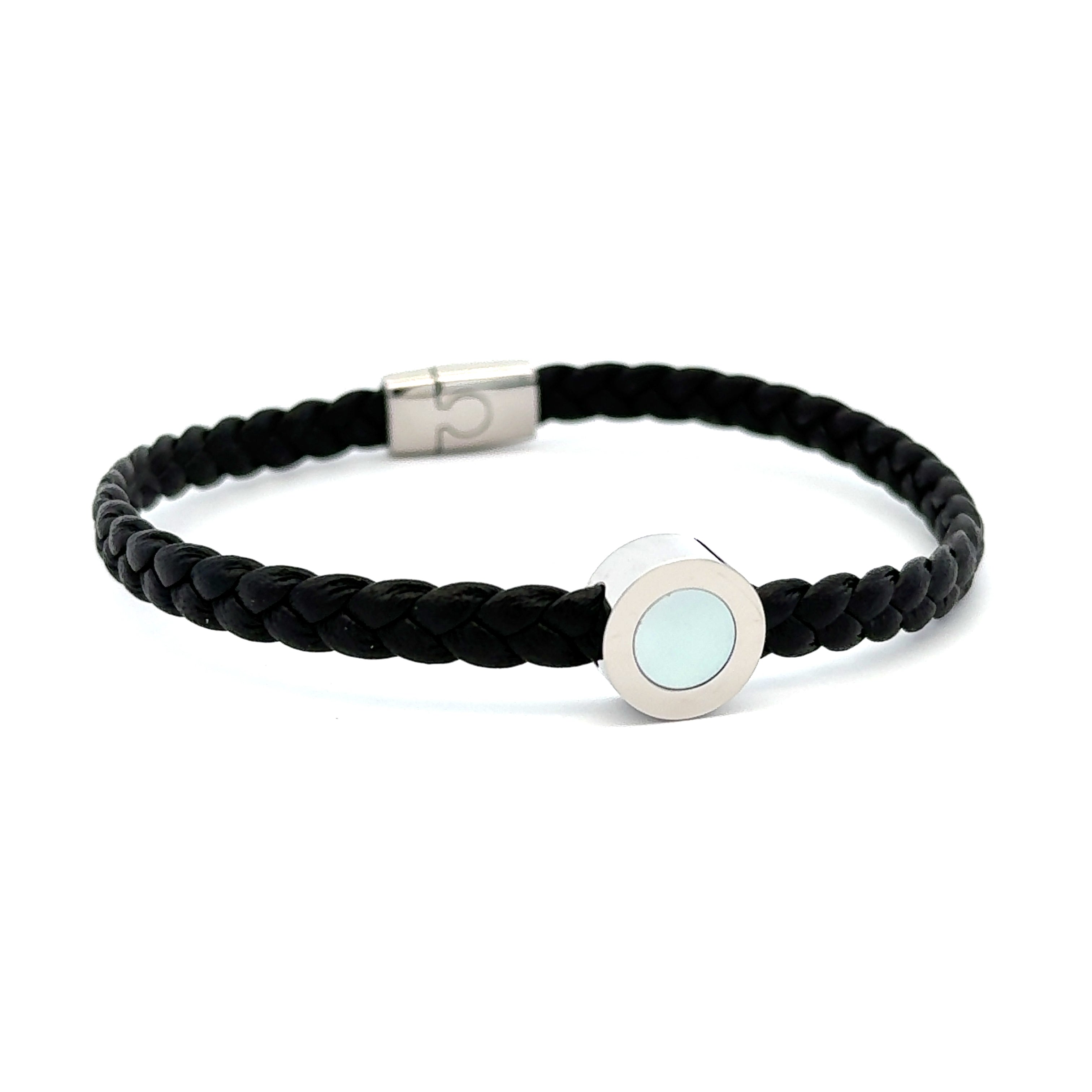 Stainless Steel Braided Black Leather Bracelet with White Mother of Pearl